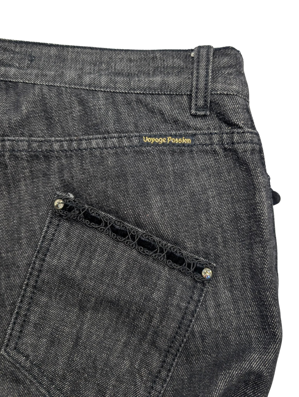 Voyage Passion Black Denim Velvet Lace Patchwork Low Rise Jeans Size 10