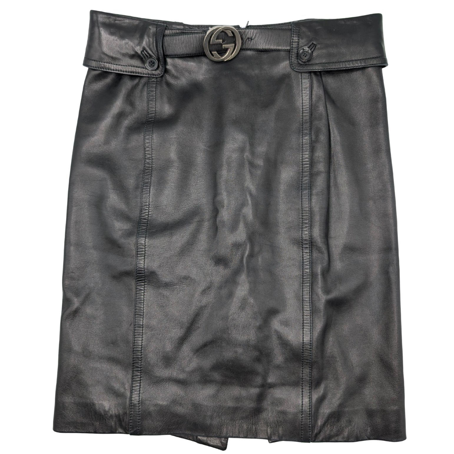 Gucci Black Leather Interlocking GG Belt Knee Length Skirt Size 38