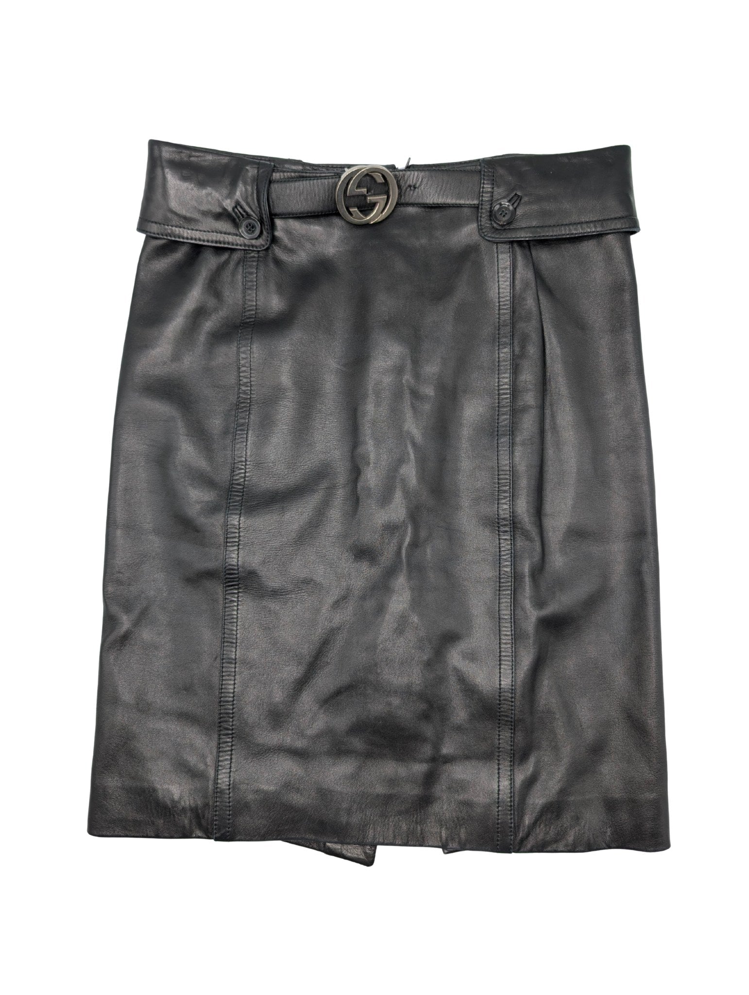 Gucci Black Leather Interlocking GG Belt Knee Length Skirt Size 38