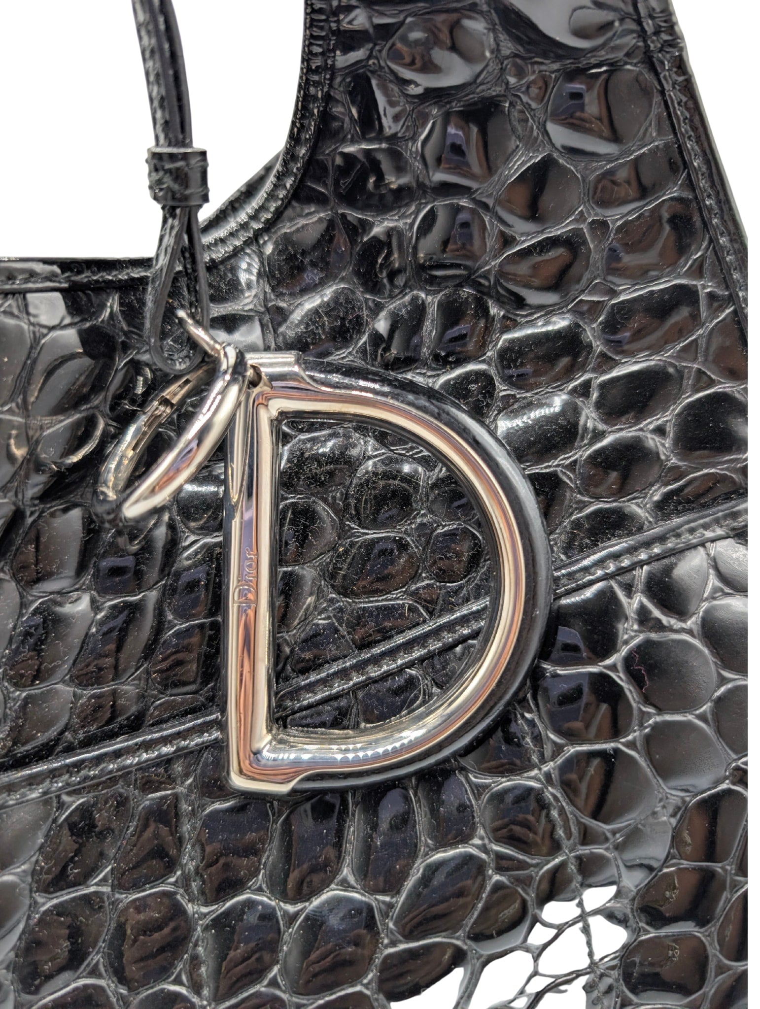 Christian Dior Black Patent Crocodile Embossed 61 Shoulder Bag