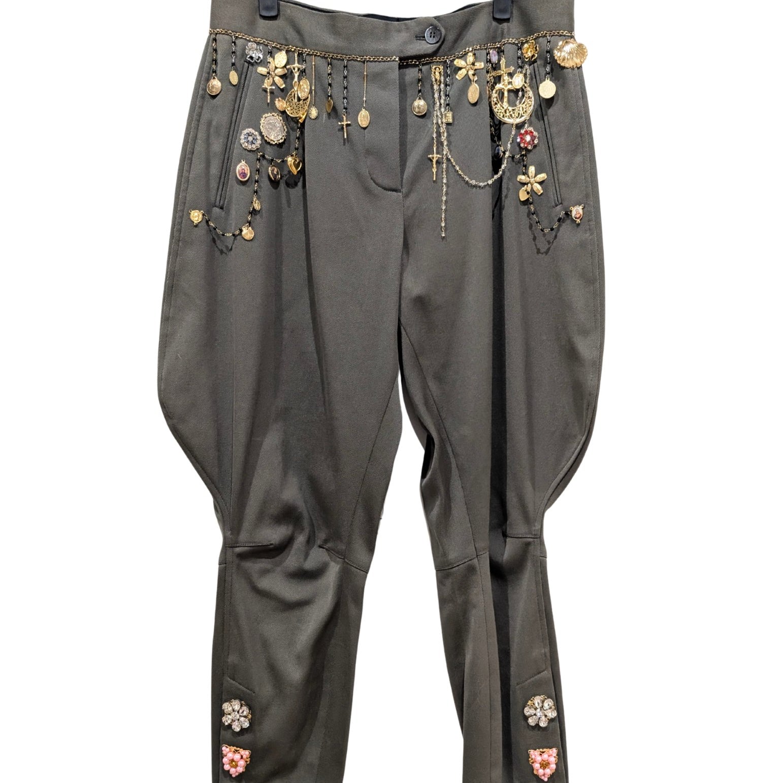 Dolce & Gabbana Spring 2017 Olive Green Charm Chain Embellished Jodhpur Harem Pants Size 28