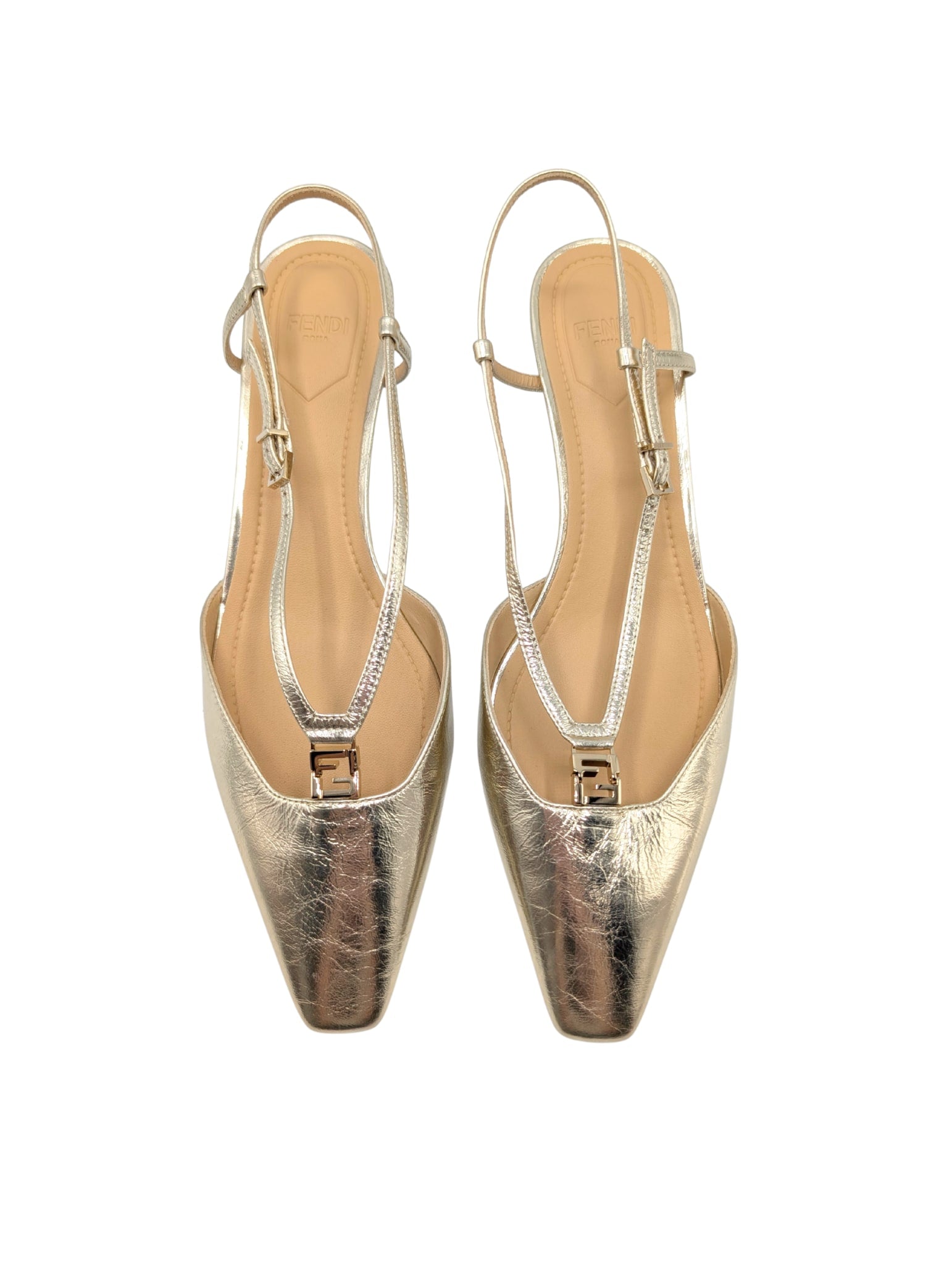 Fendi FFold Gold Leather Slingback Pumps Size 39.5