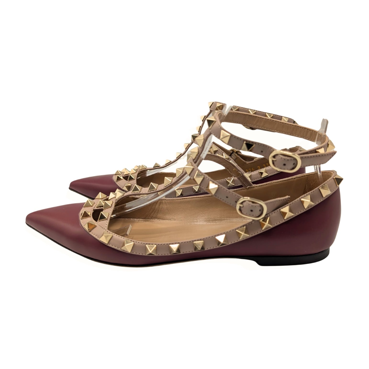Valentino Garavani Burgundy/Beige Leather Rockstud Caged Ankle Strap Flats Size 37.5