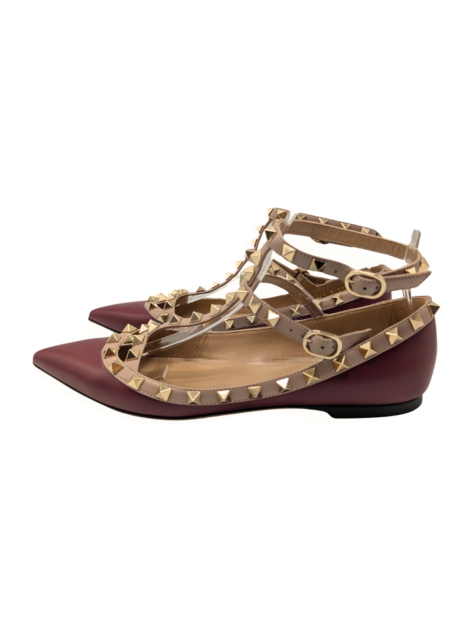 Valentino Garavani Burgundy/Beige Leather Rockstud Caged Ankle Strap Flats Size 37.5