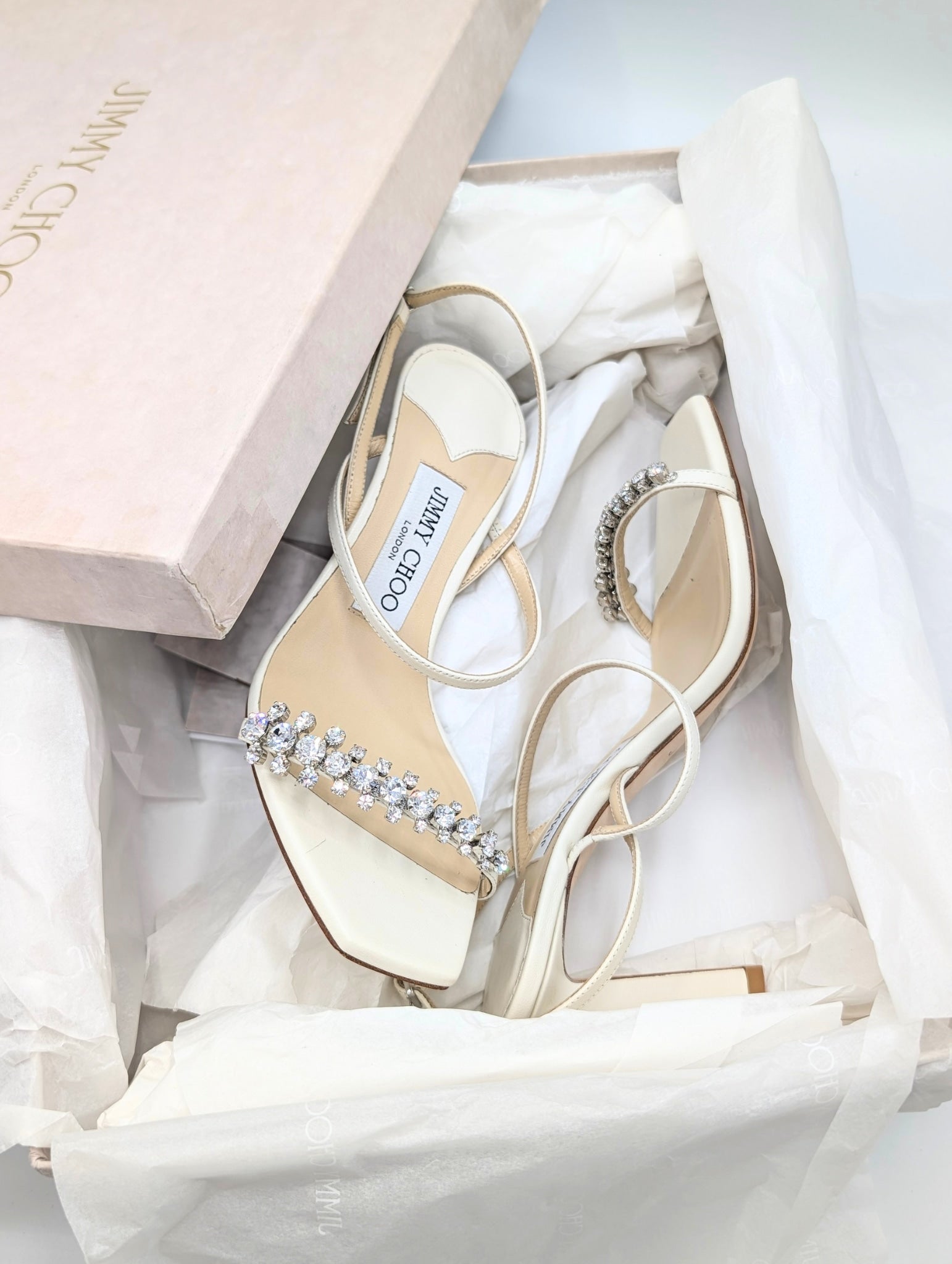 Jimmy Choo Cream Meira Crystal Sandal Heels Size 36.5