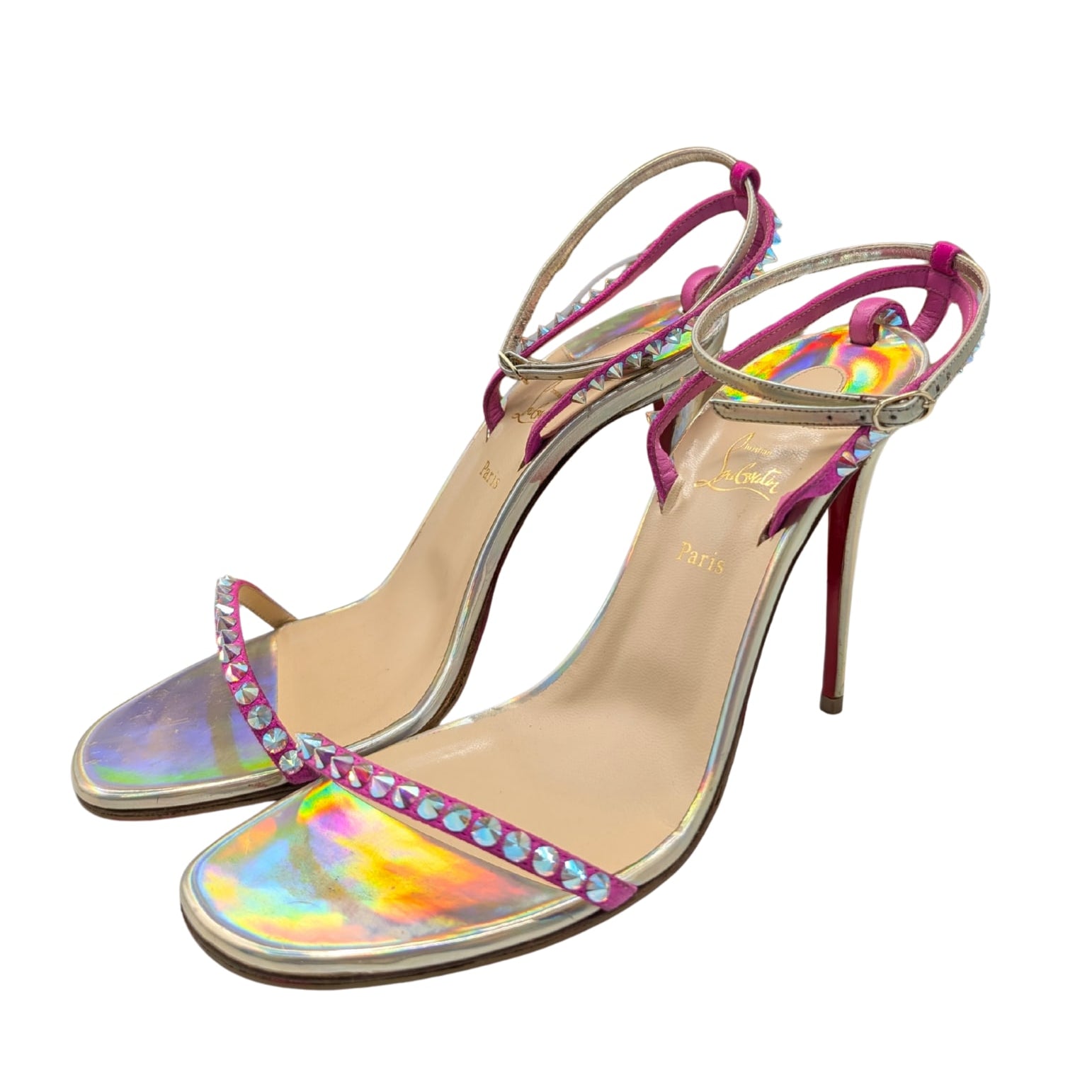 Christian Louboutin So You Iridescent Fuchsia Spike Sandal Heels Size 39