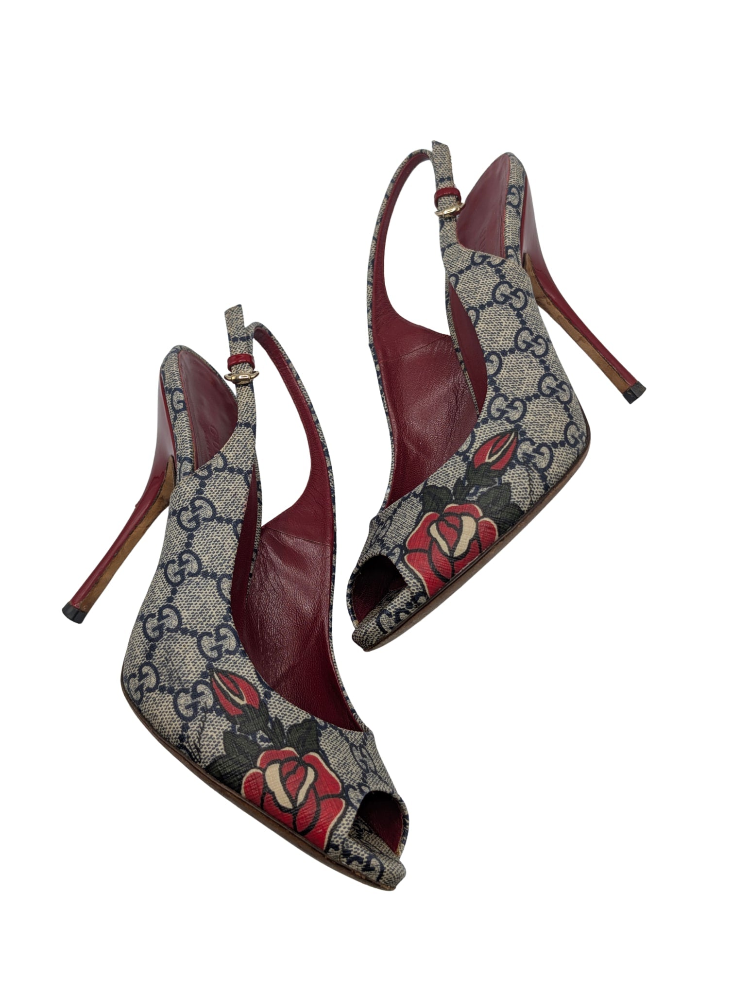 Gucci Navy Supreme GG Red Rose Tattoo Peep Toe Slingback Pumps Size 7
