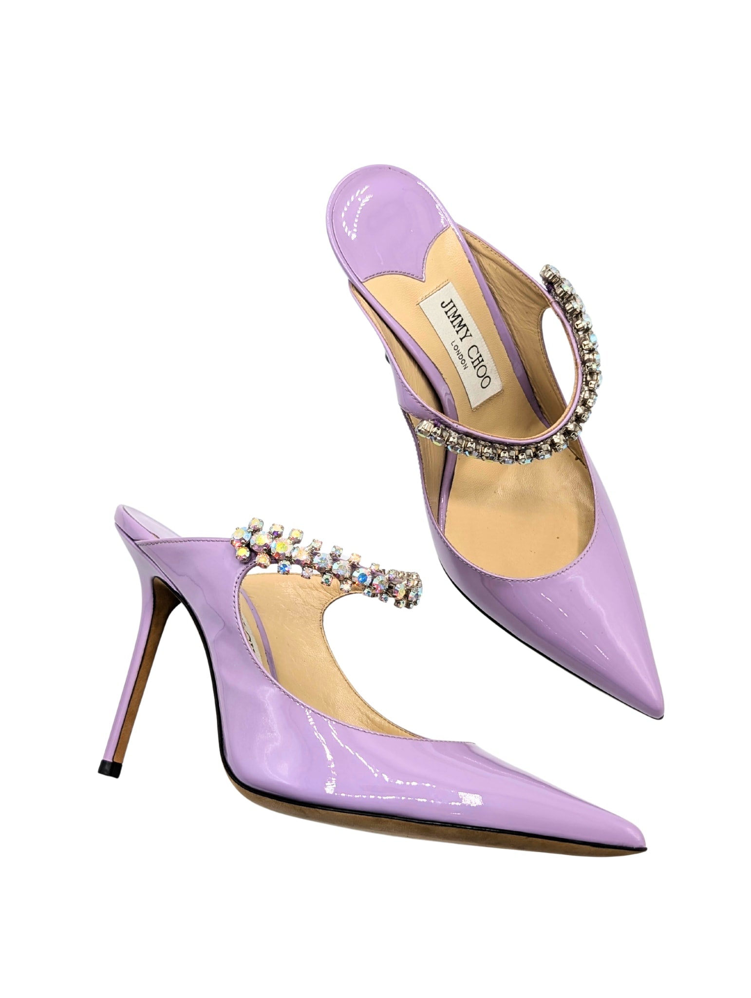 Jimmy Choo Bing 100 Patent Lilac Crystal Pointed Mule Heels Size 38
