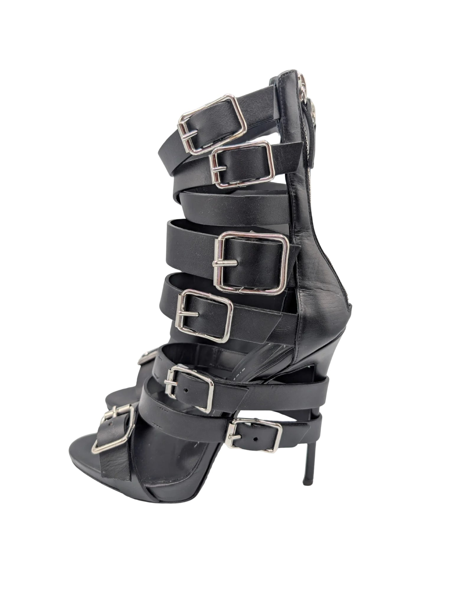 Giuseppe Zanotti Black Leather Coline Buckle Gladiator Heels 110 Size 38
