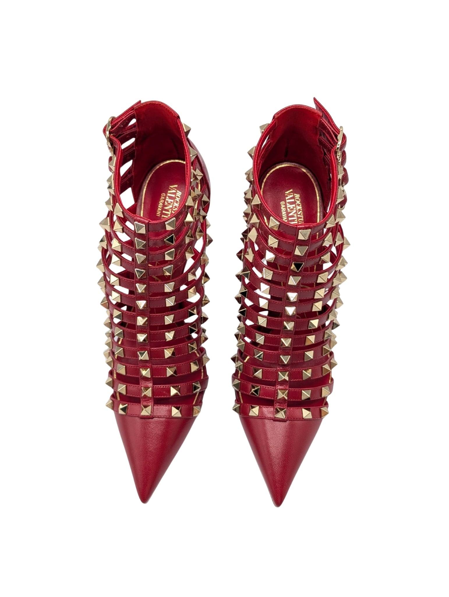 Valentino Garavani Alcove Red Leather Studded Strappy Ankle Booties Size 39