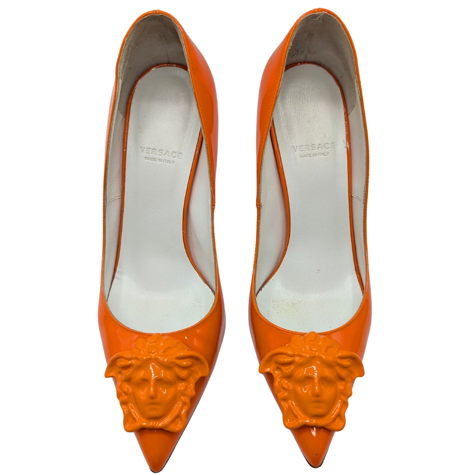 Versace Orange Patent La Medusa Pointed Pumps Size 37.5 Spring 2021