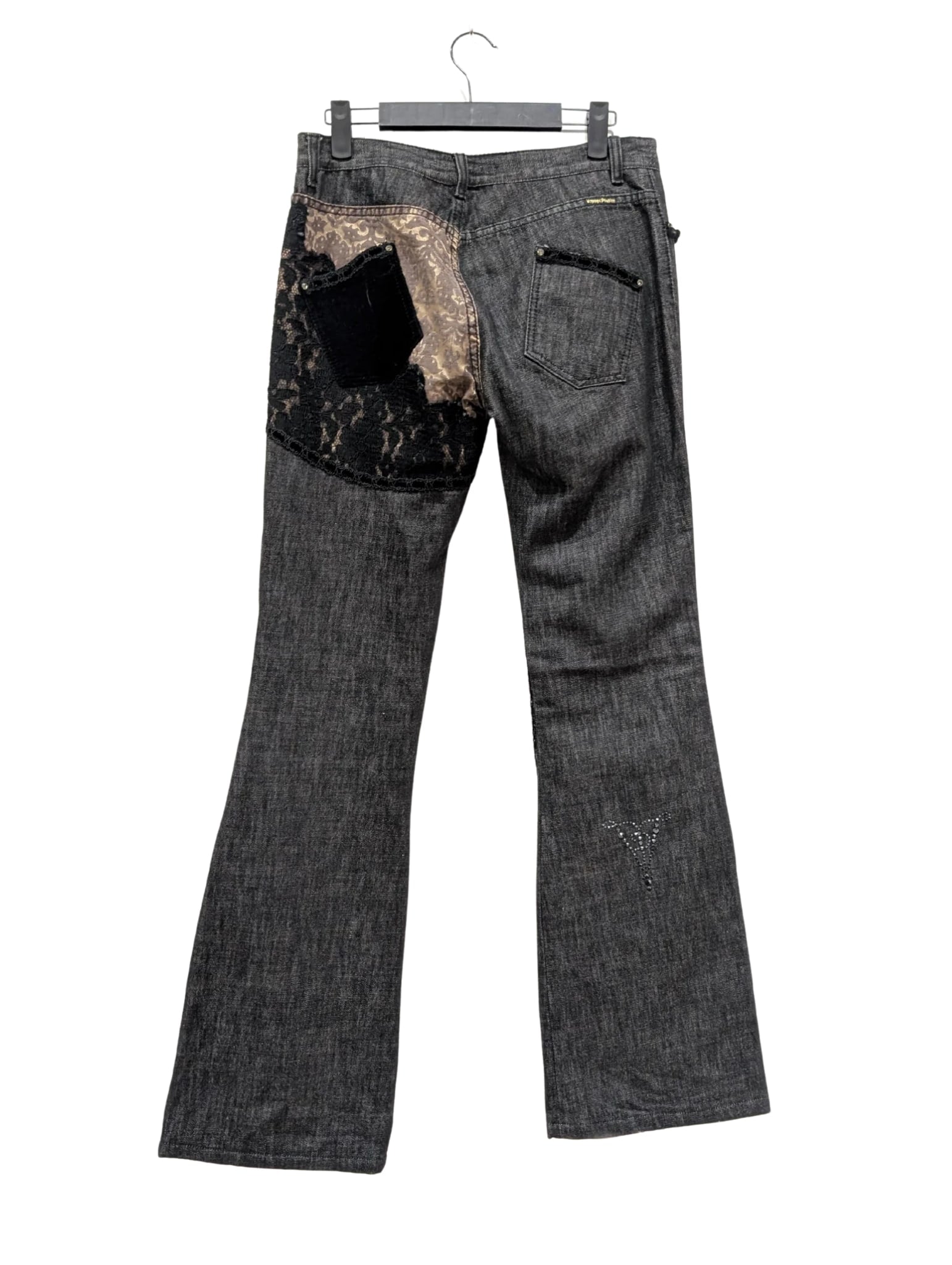 Voyage Passion Black Denim Velvet Lace Patchwork Low Rise Jeans Size 10