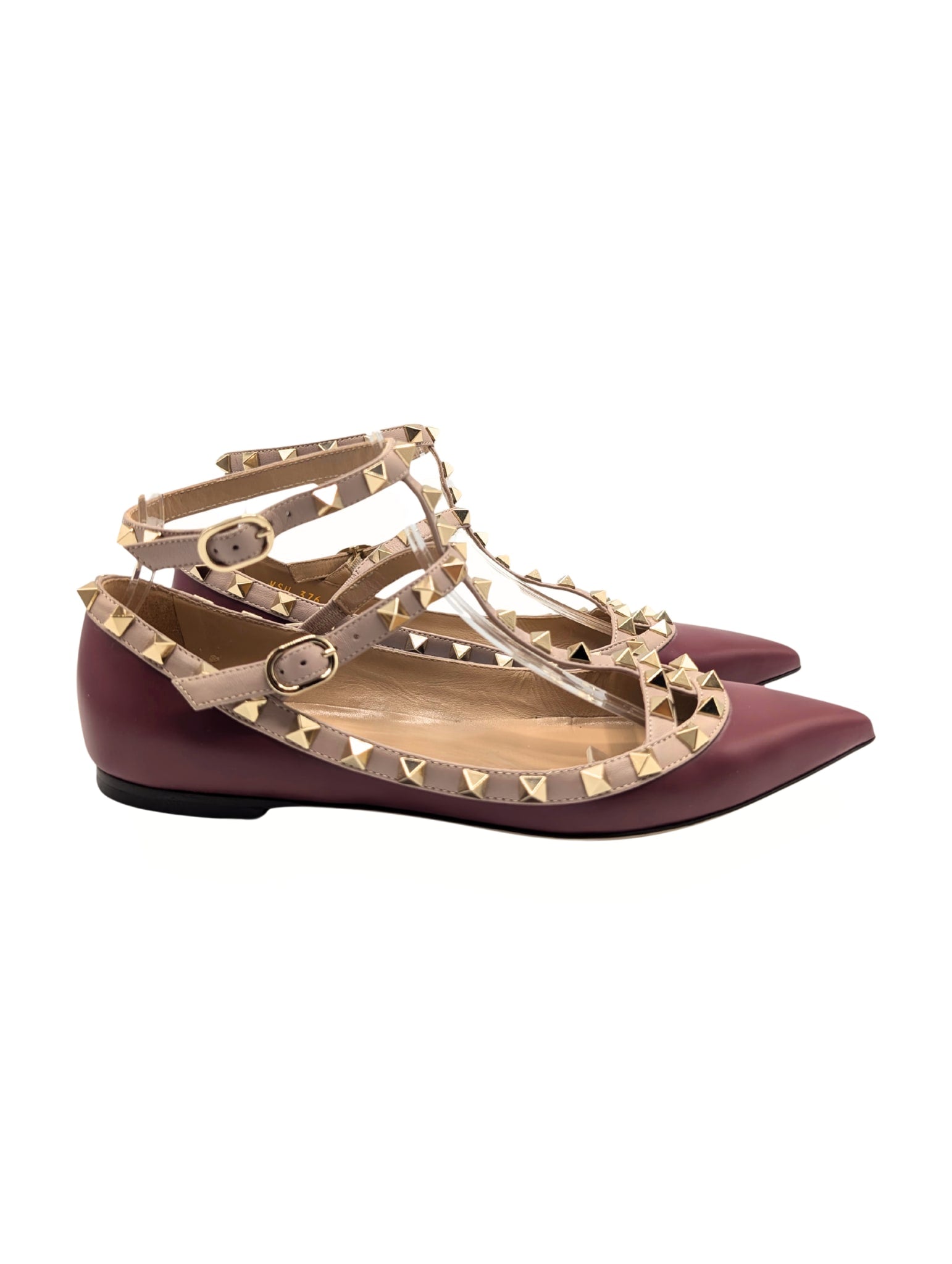 Louis Vuitton Burgundy/Beige Leather Rockstud Caged Ankle Strap Flats Size