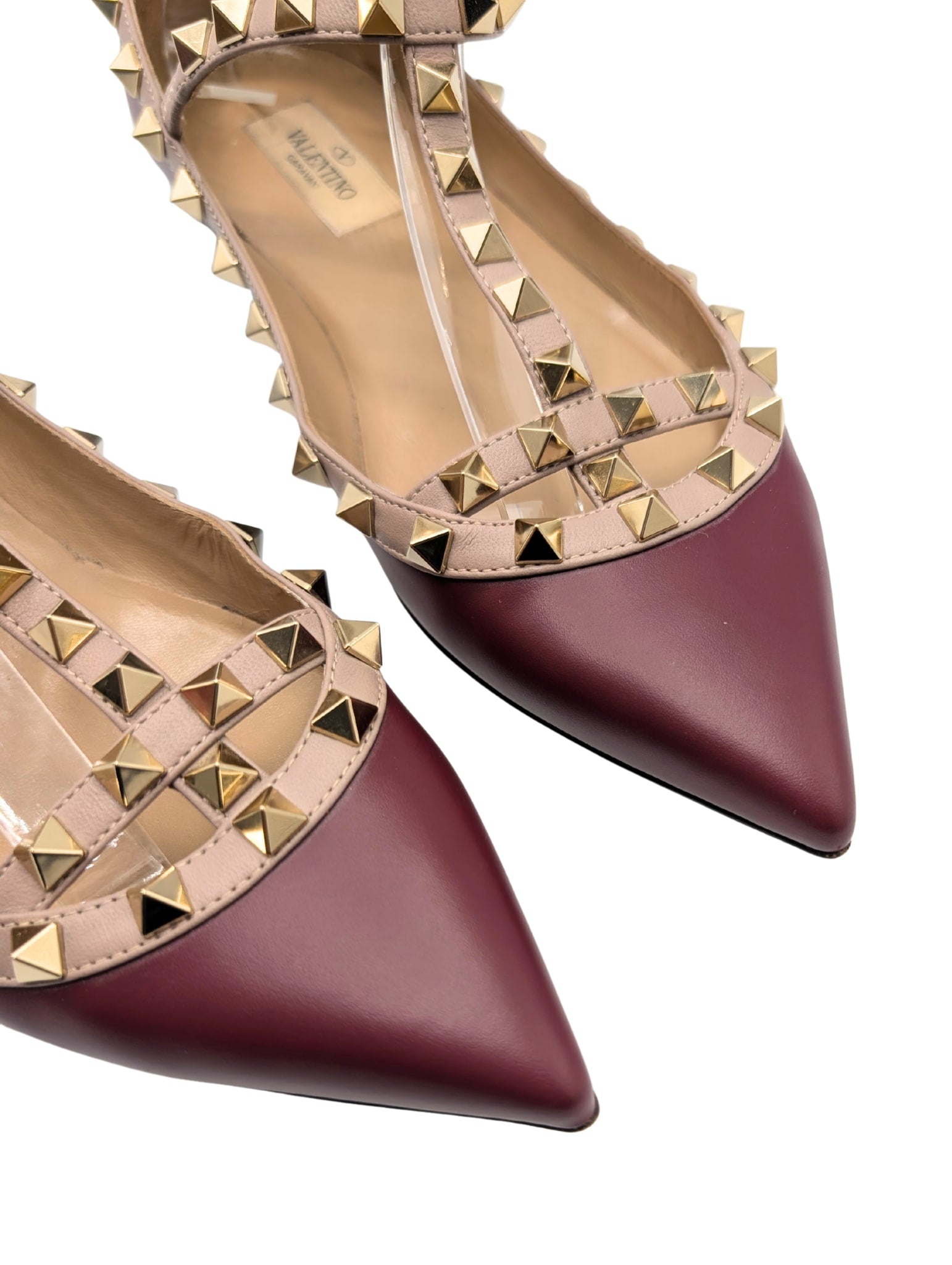 Louis Vuitton Burgundy/Beige Leather Rockstud Caged Ankle Strap Flats Size
