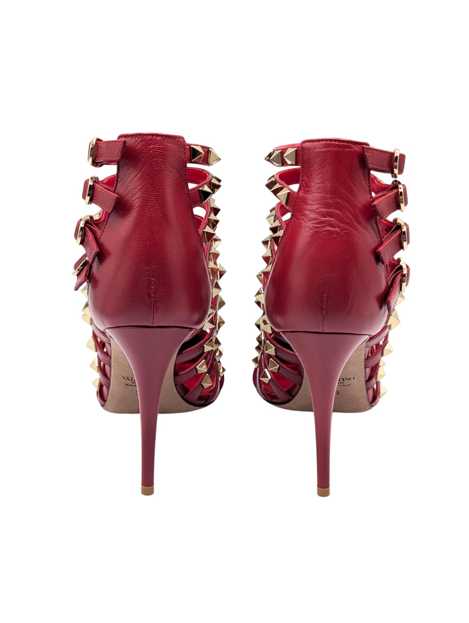 Valentino Garavani Alcove Red Leather Studded Strappy Ankle Booties Size 39