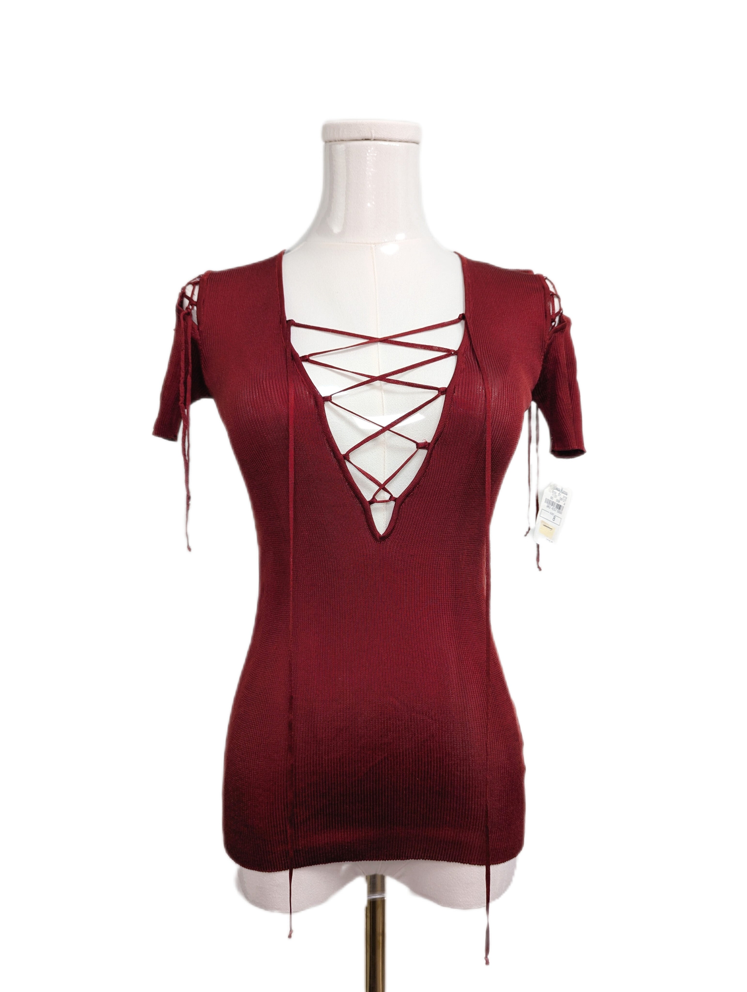 NWT Dolce & Gabbana Vintage Maroon Ribbed Knit Lace Up Top Size 8