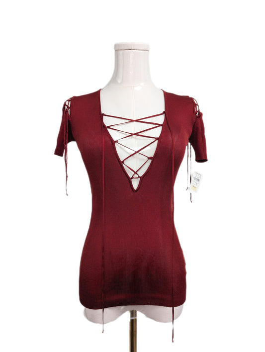 NWT Dolce & Gabbana Maroon Ribbed Knit Lace Up Top Size 8