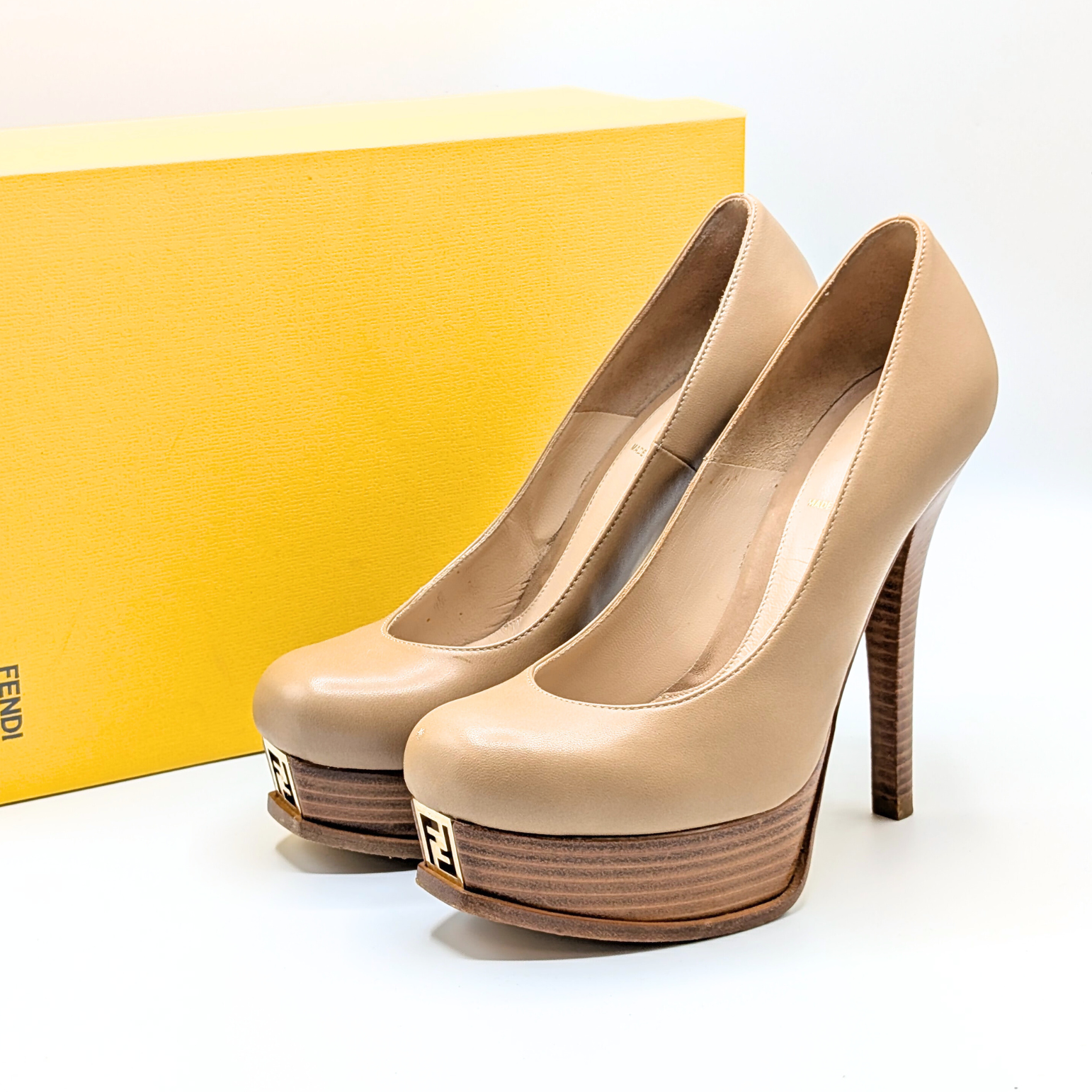 Fendi Beige Leather FF Decollete Heels Pumps Size 38.5