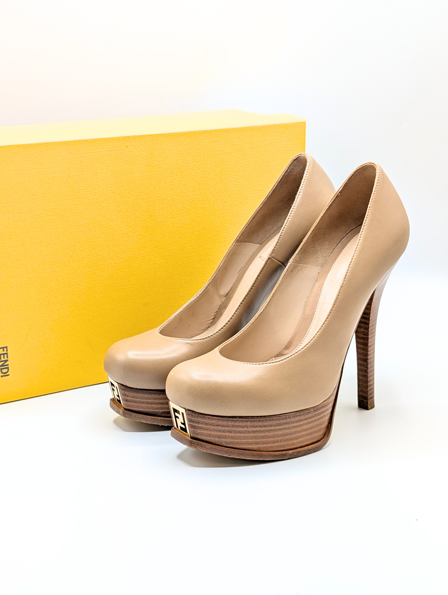 Fendi Beige Leather FF Decollete Heels Pumps Size 38.5