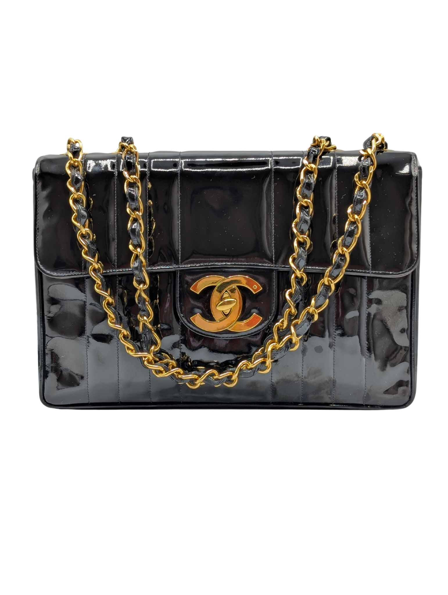 Chanel Black Patent GHW Vertical Quilt Jumbo Flap 1994