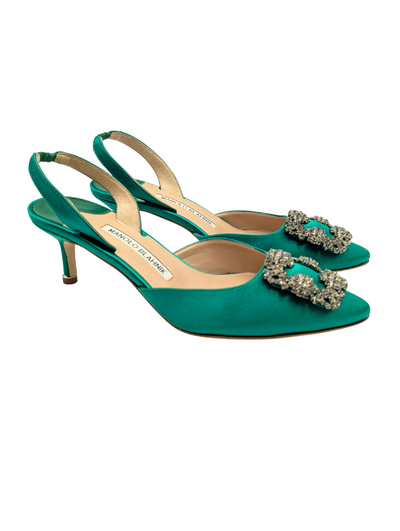 Manolo Blahnik Green Satin Hangisi 50 Slingback Pumps Size 37