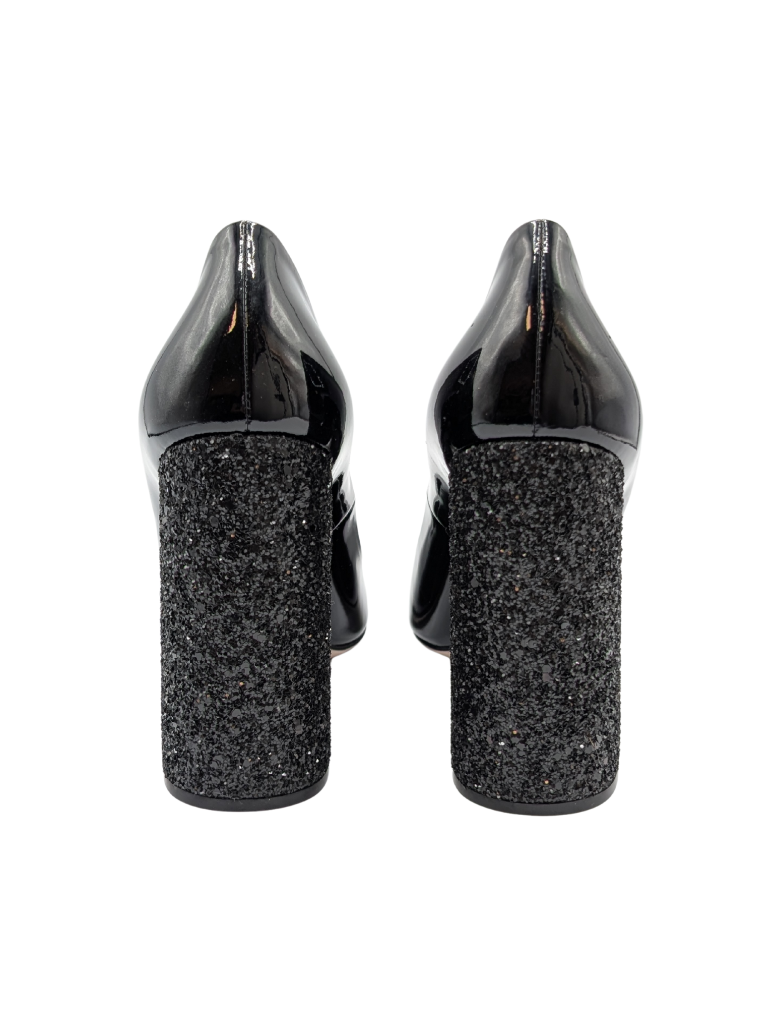 Miu Miu Black Patent Glitter Block Heel Pumps Size 40