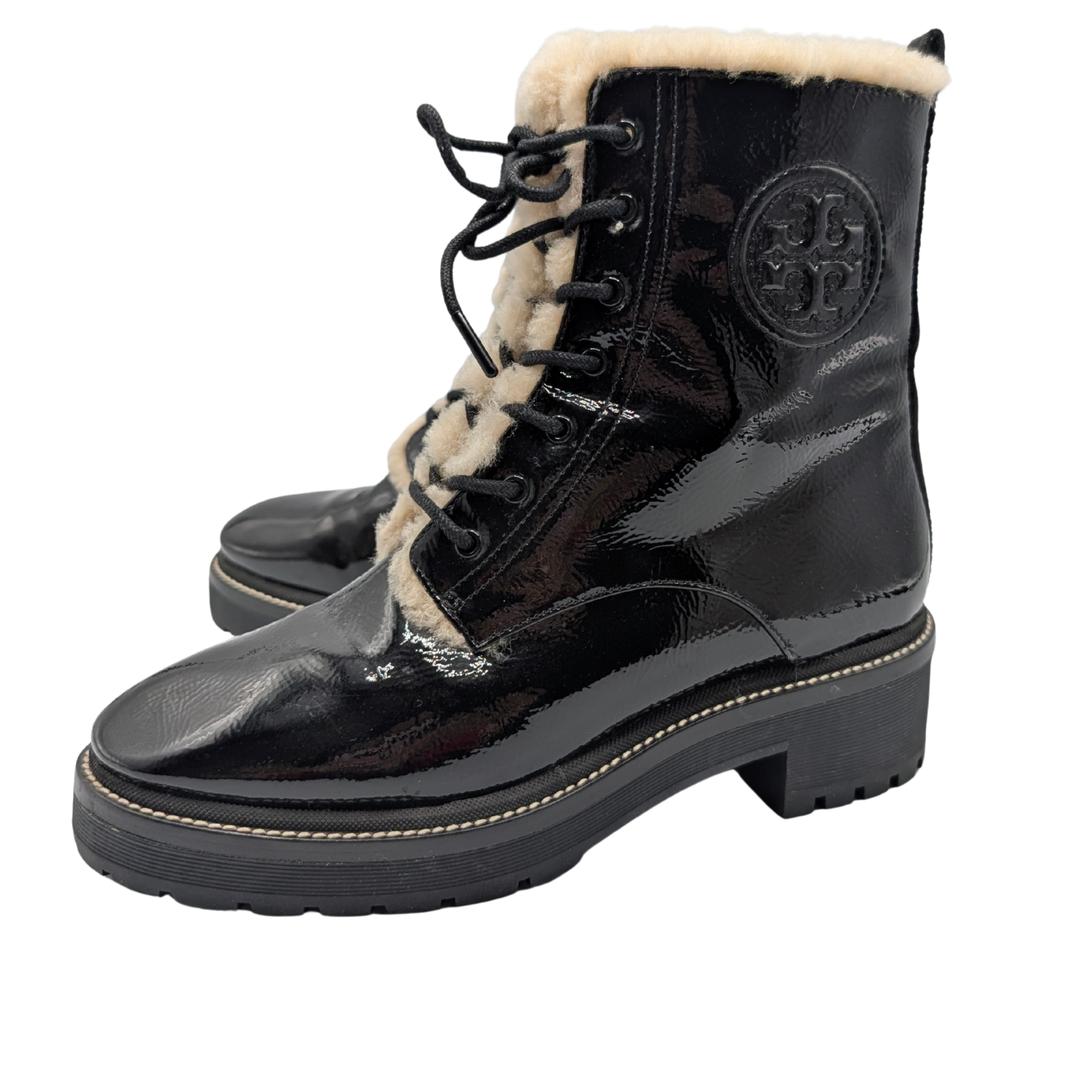 Tory Burch Miller Black Patent Shearling Combat Boots Size 8