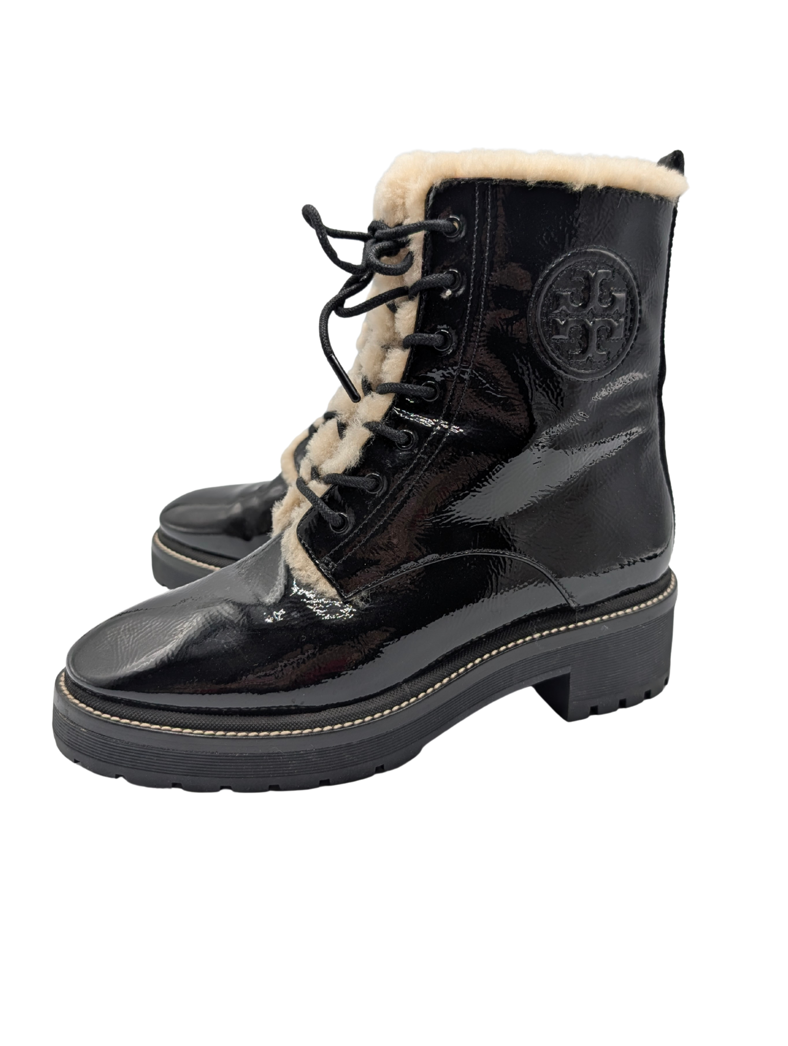 Tory Burch Miller Black Patent Shearling Combat Boots Size 8