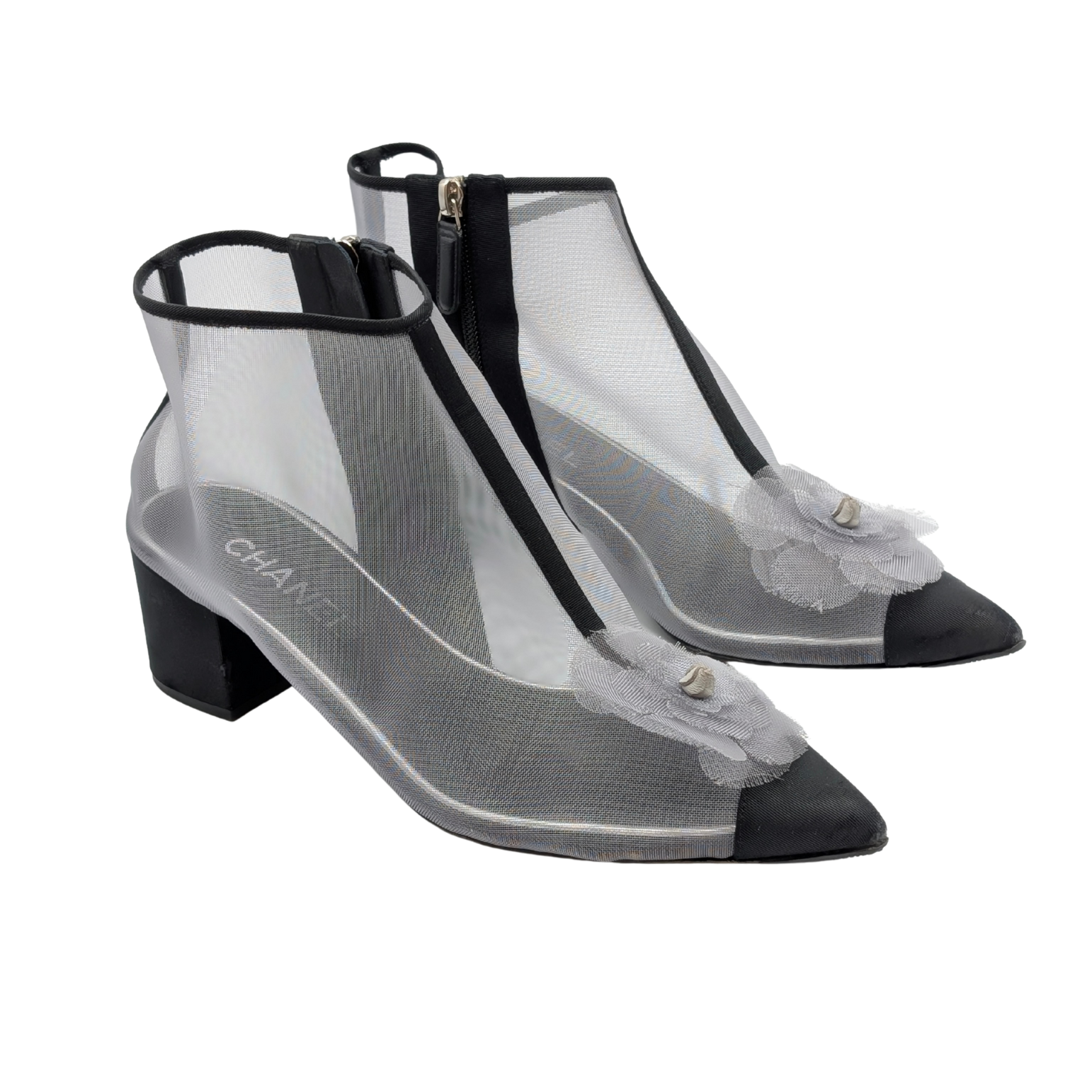 Chanel Mesh Grosgain Camellia Ankle Booties Size 40.5C