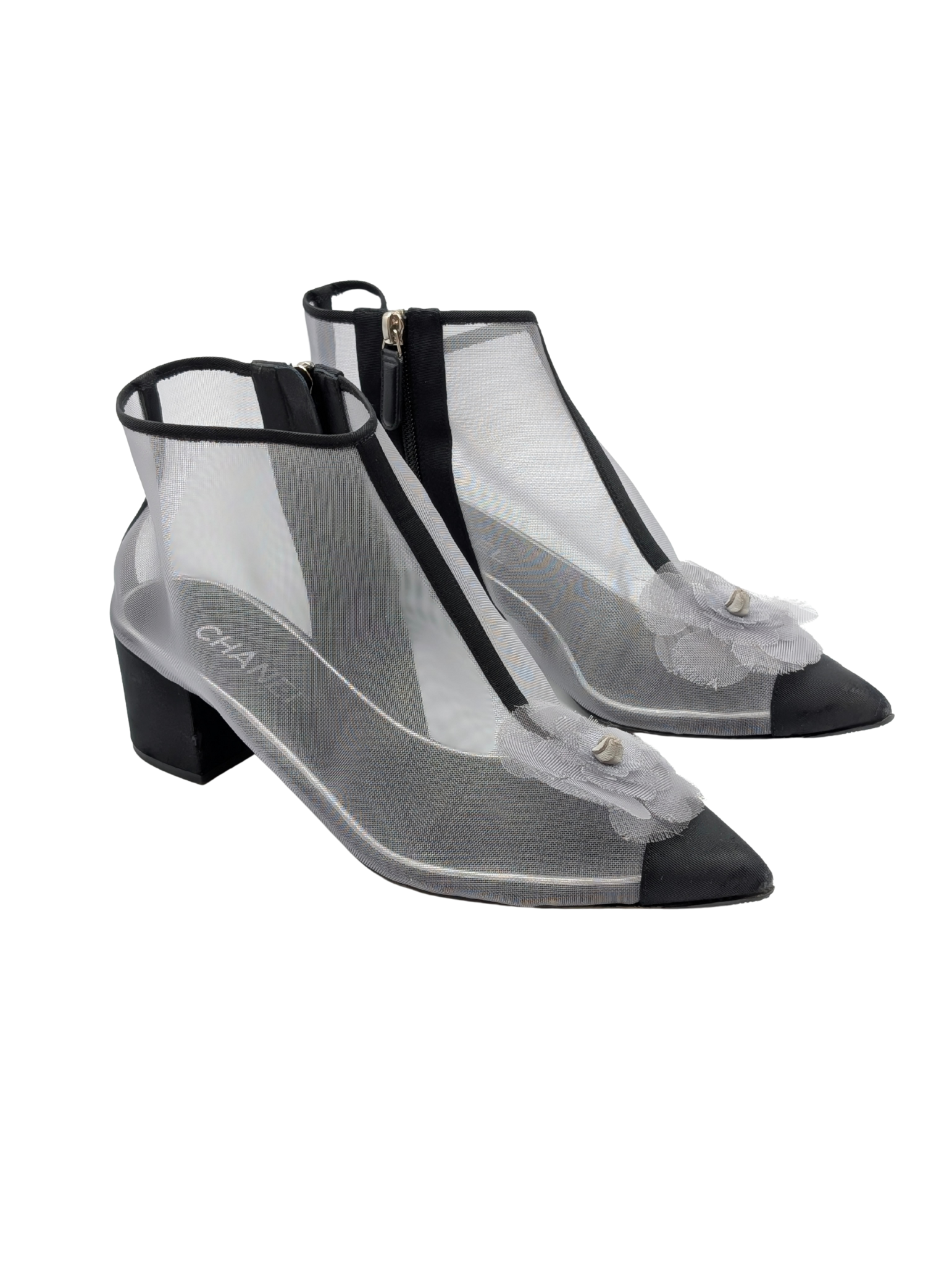 Chanel Mesh Grosgain Camellia Ankle Booties Size 40.5C