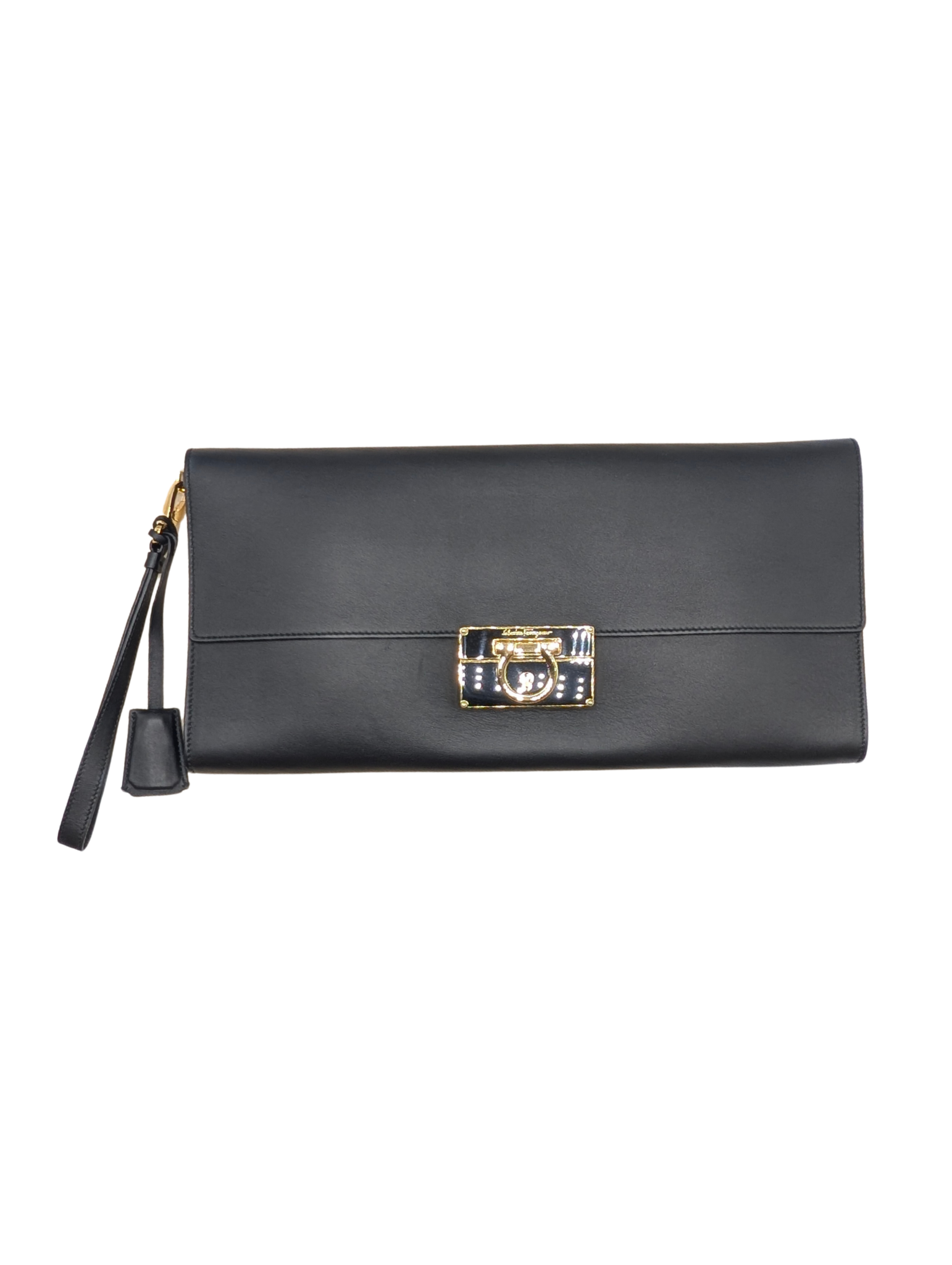Salvatore Ferragamo Black Leather Gancini Afef Large Clutch Wristlet Bag