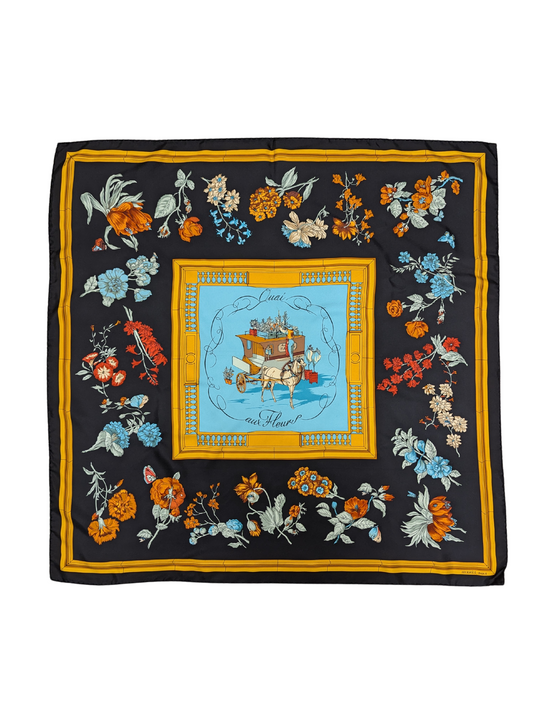 Hermès Black Quai Aux Fleur Silk Scarf 90cm