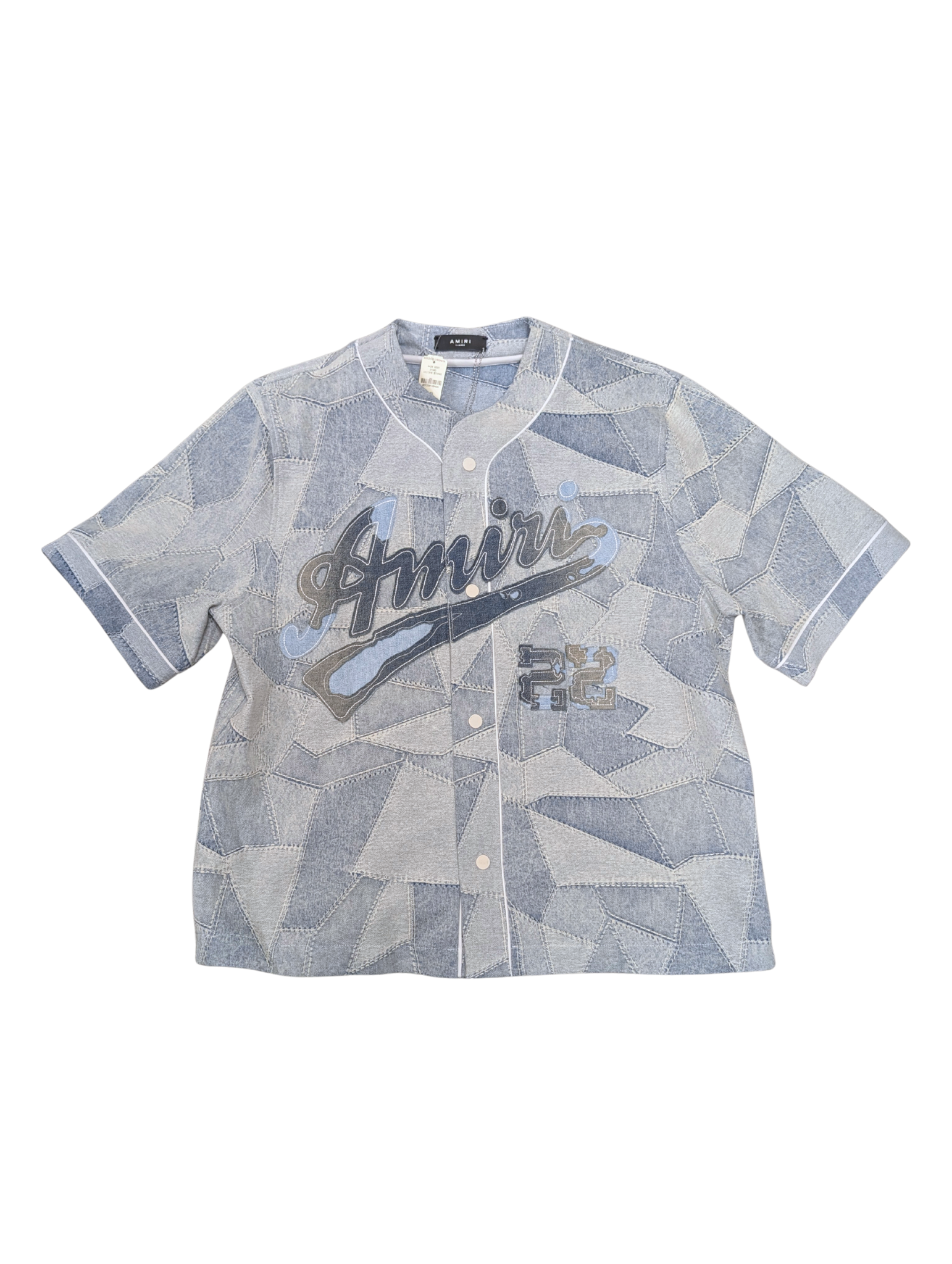 NWT Amiri Blue Patchwork Baseball Shirt Size XL