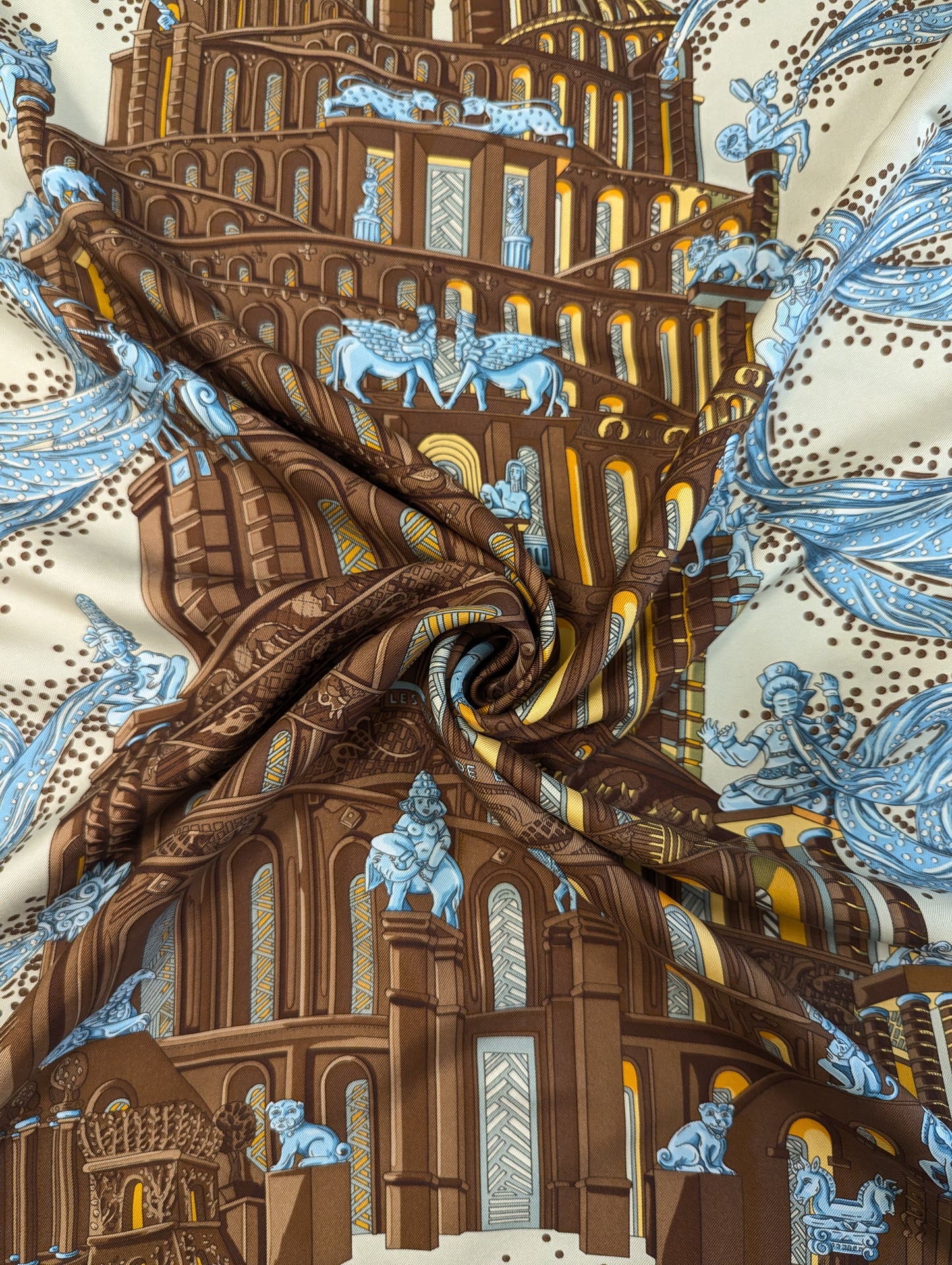 Hermès Les Revieres de Babel Brown Blue Silk Scarf 90cm