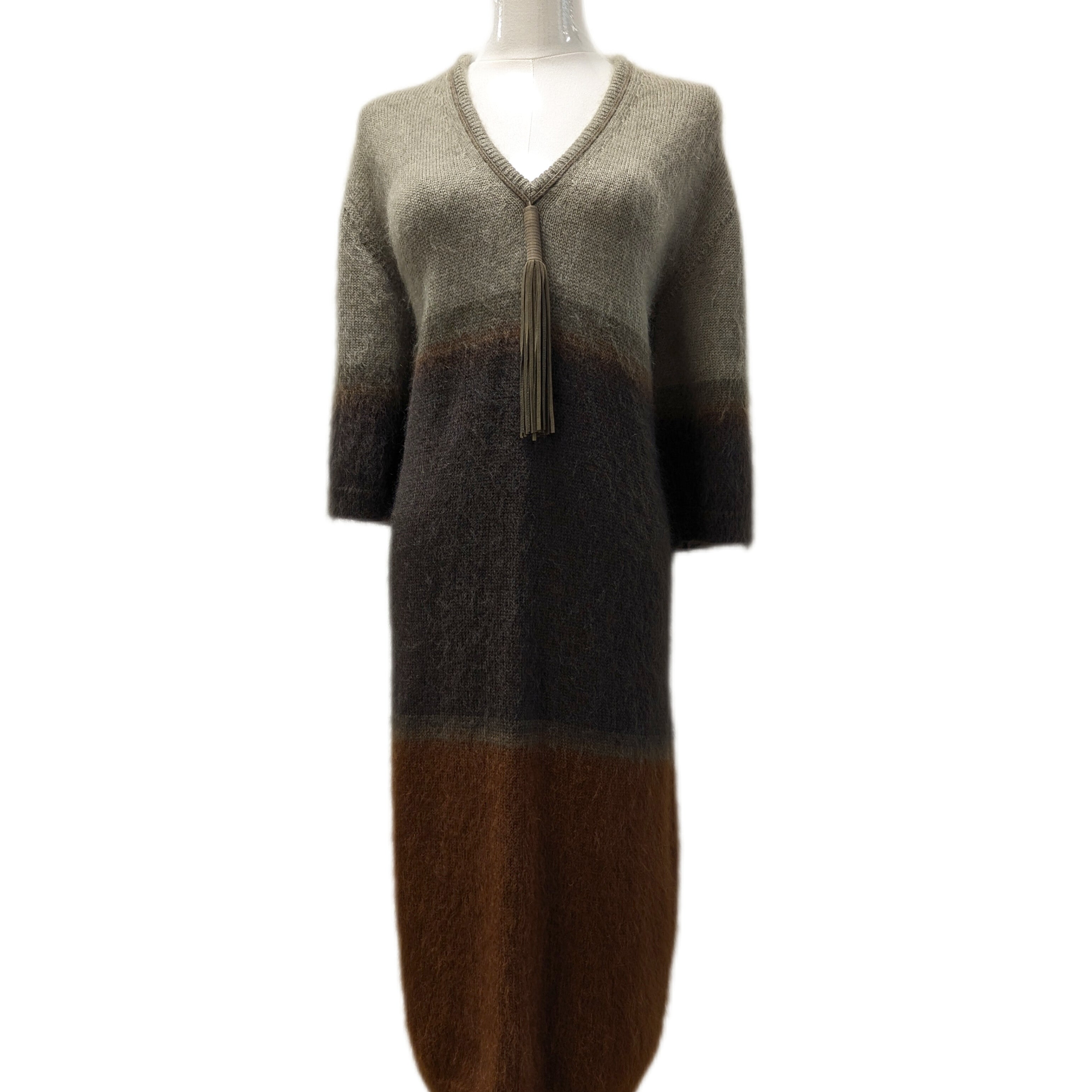 Hermès Sage Taupe Mohair Wool Silk Lambskin Tassel Midi Dress Size 40