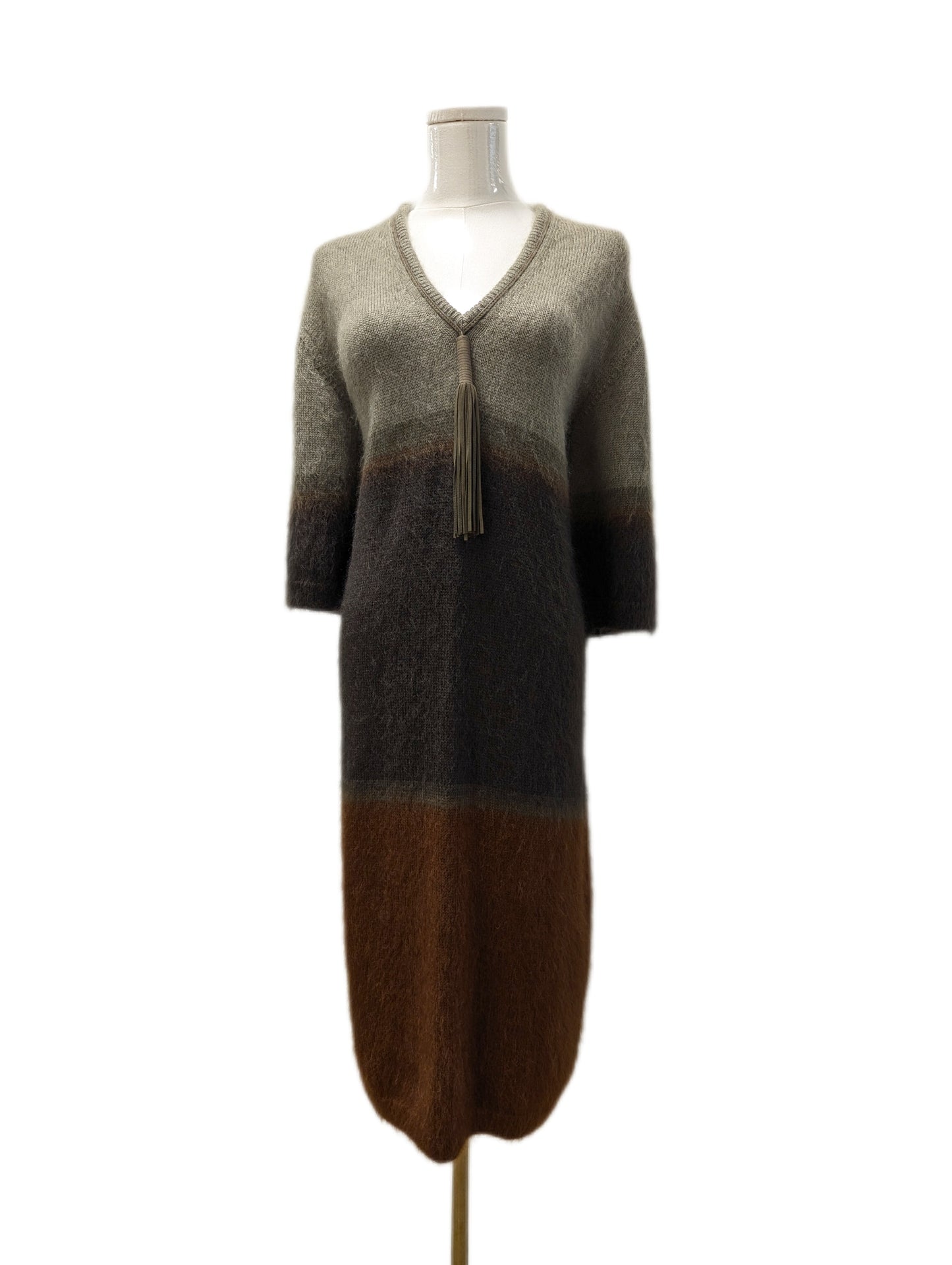 Hermès Sage Taupe Mohair Wool Silk Lambskin Tassel Midi Dress Size 40