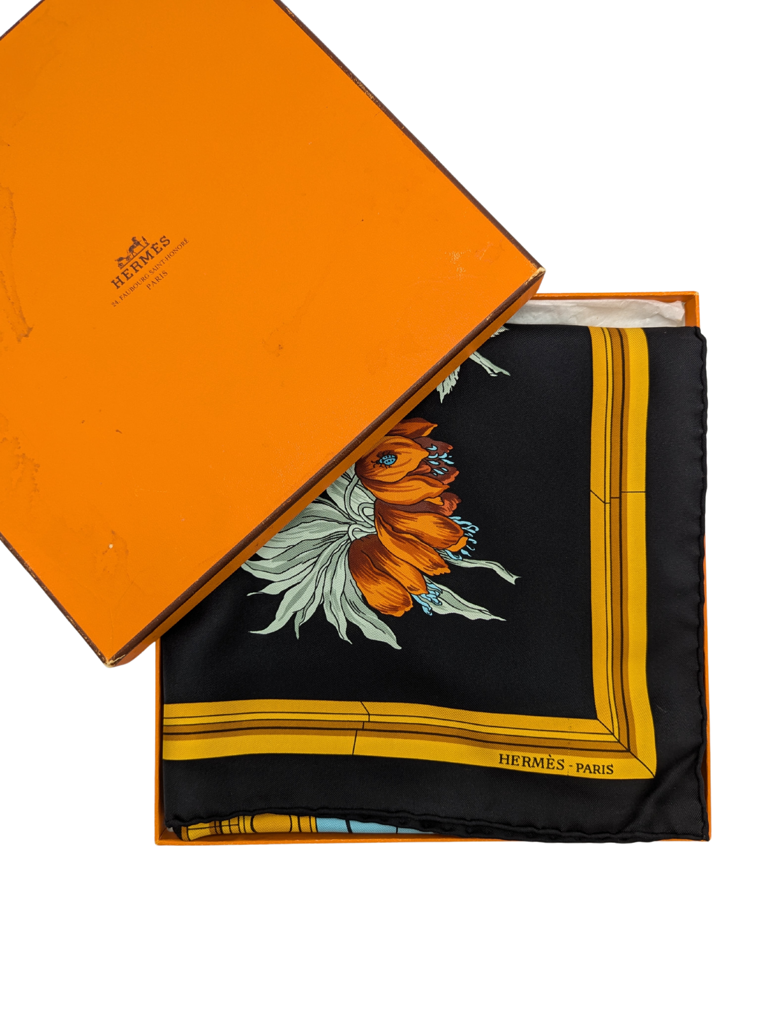 Hermès Black Quai Aux Fleur Silk Scarf 90cm