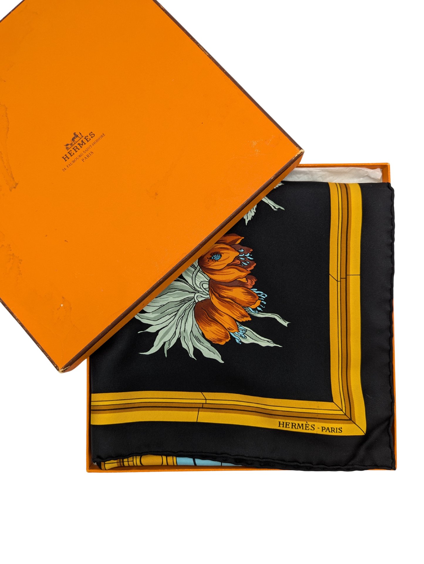 Hermès Black Quai Aux Fleur Silk Scarf 90cm