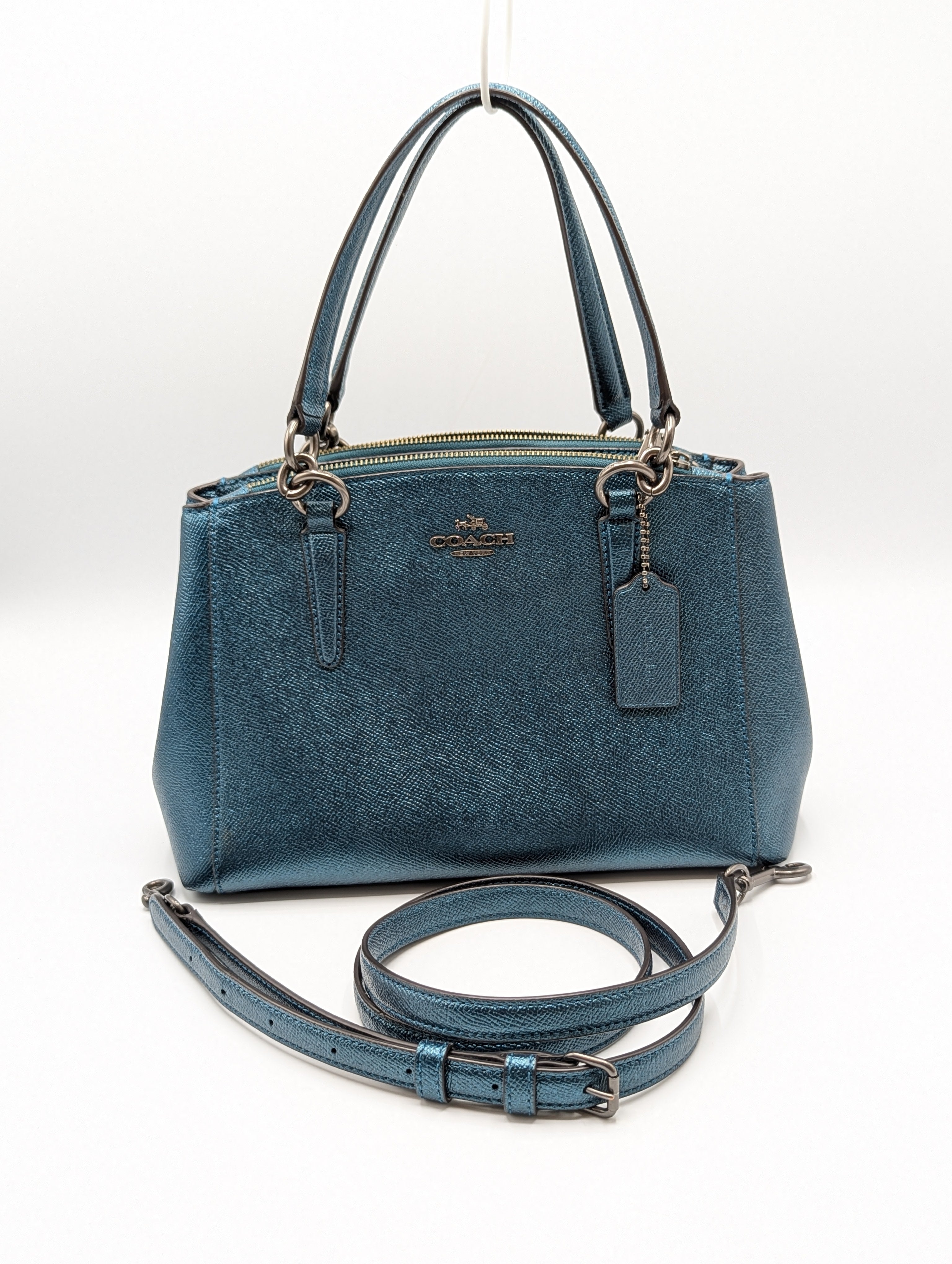 Coach Metallic Teal Grossgrain Leather Mini Christie Carryall Tote