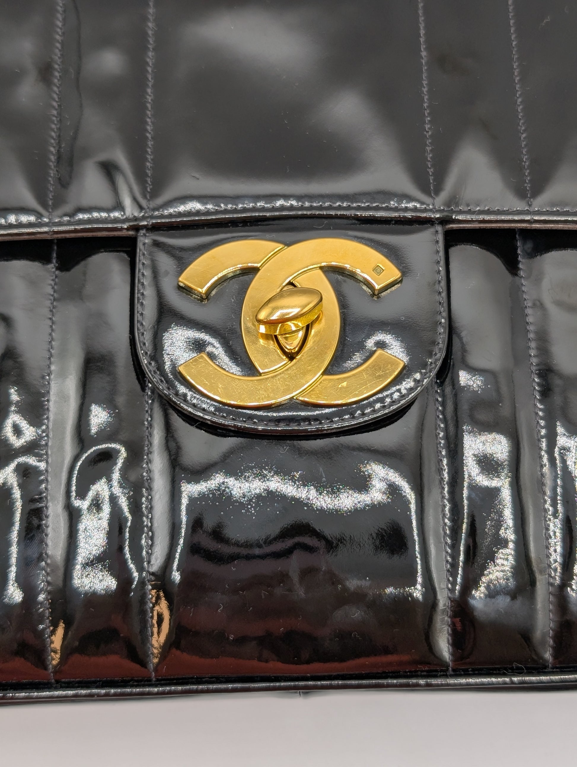 Chanel Black Patent GHW Vertical Quilt Jumbo Flap 1994