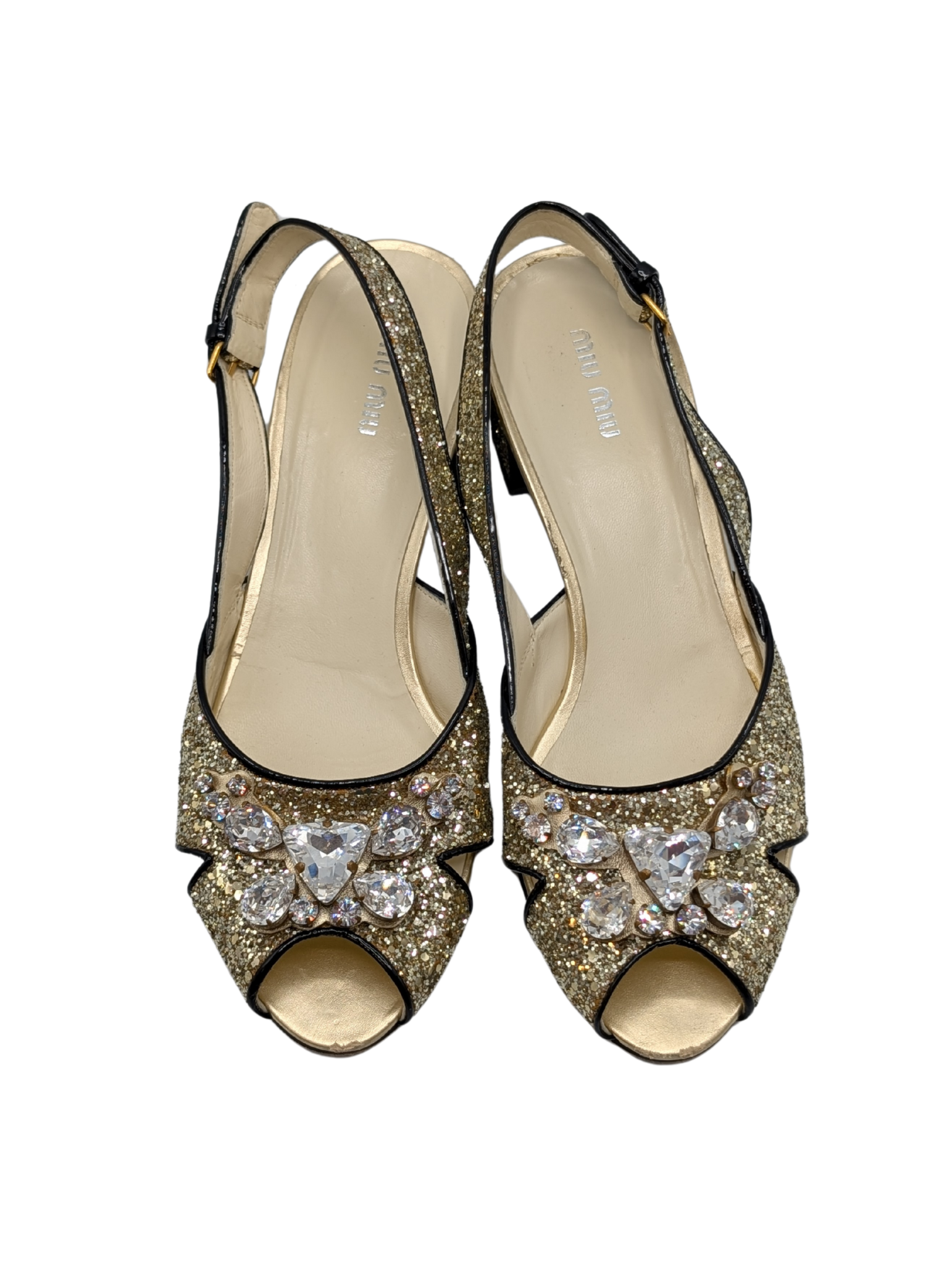 Miu Miu Gold Glitter Crystal Slingback Sandals Size 40