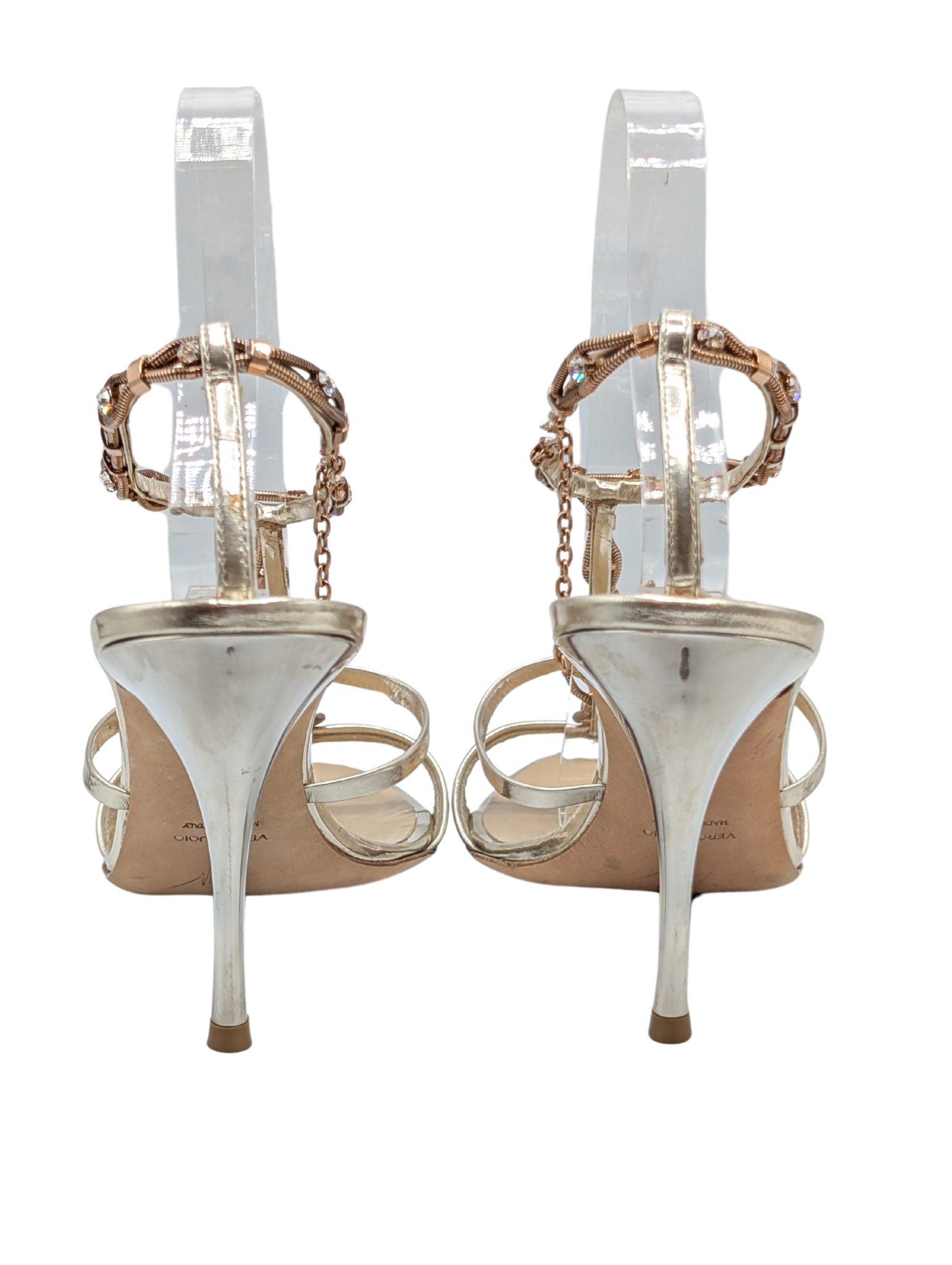 Giuseppe Zanotti Gold Crystal Embellished Rose Gold Chain Heels Size 40