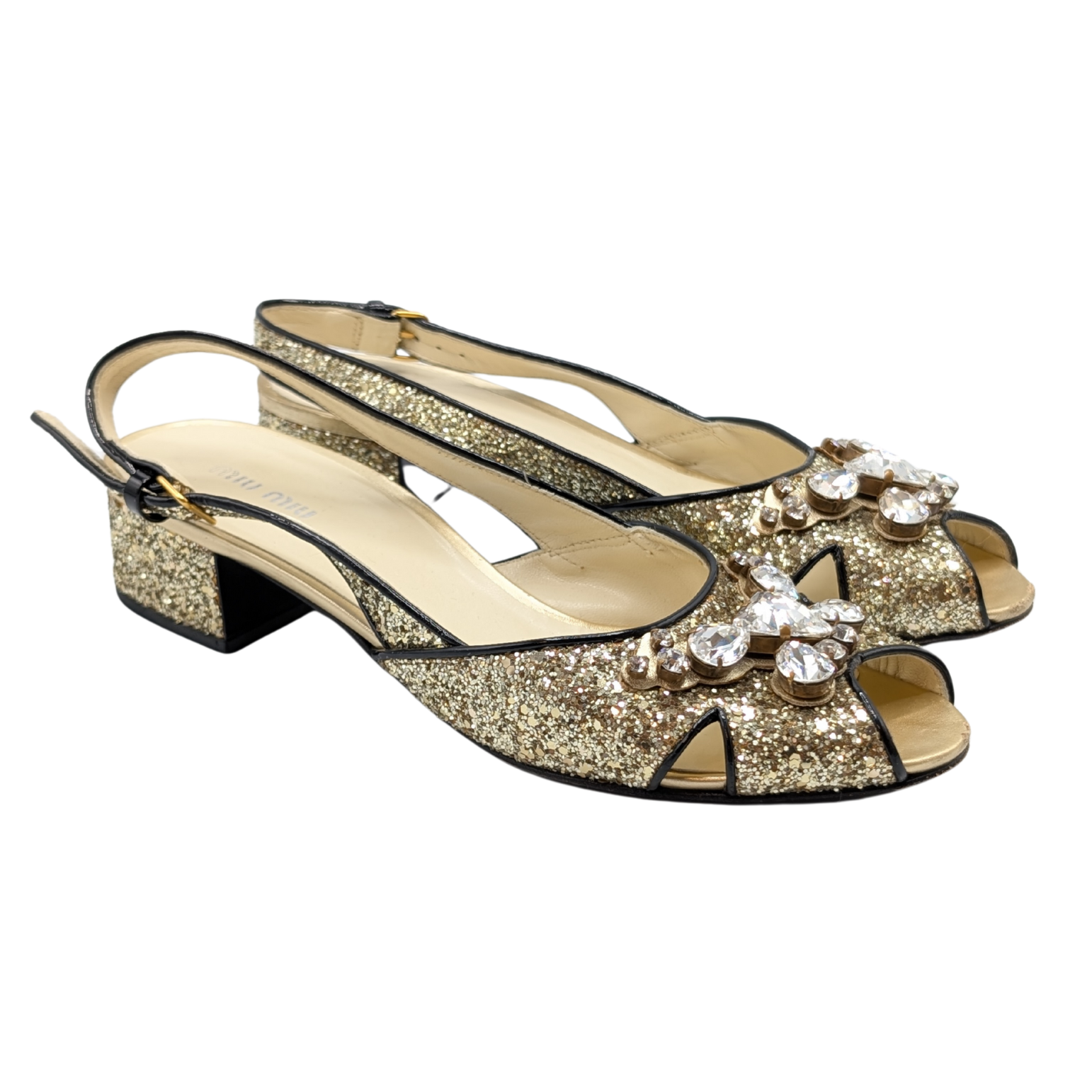 Miu Miu Gold Glitter Crystal Slingback Sandals Size 40