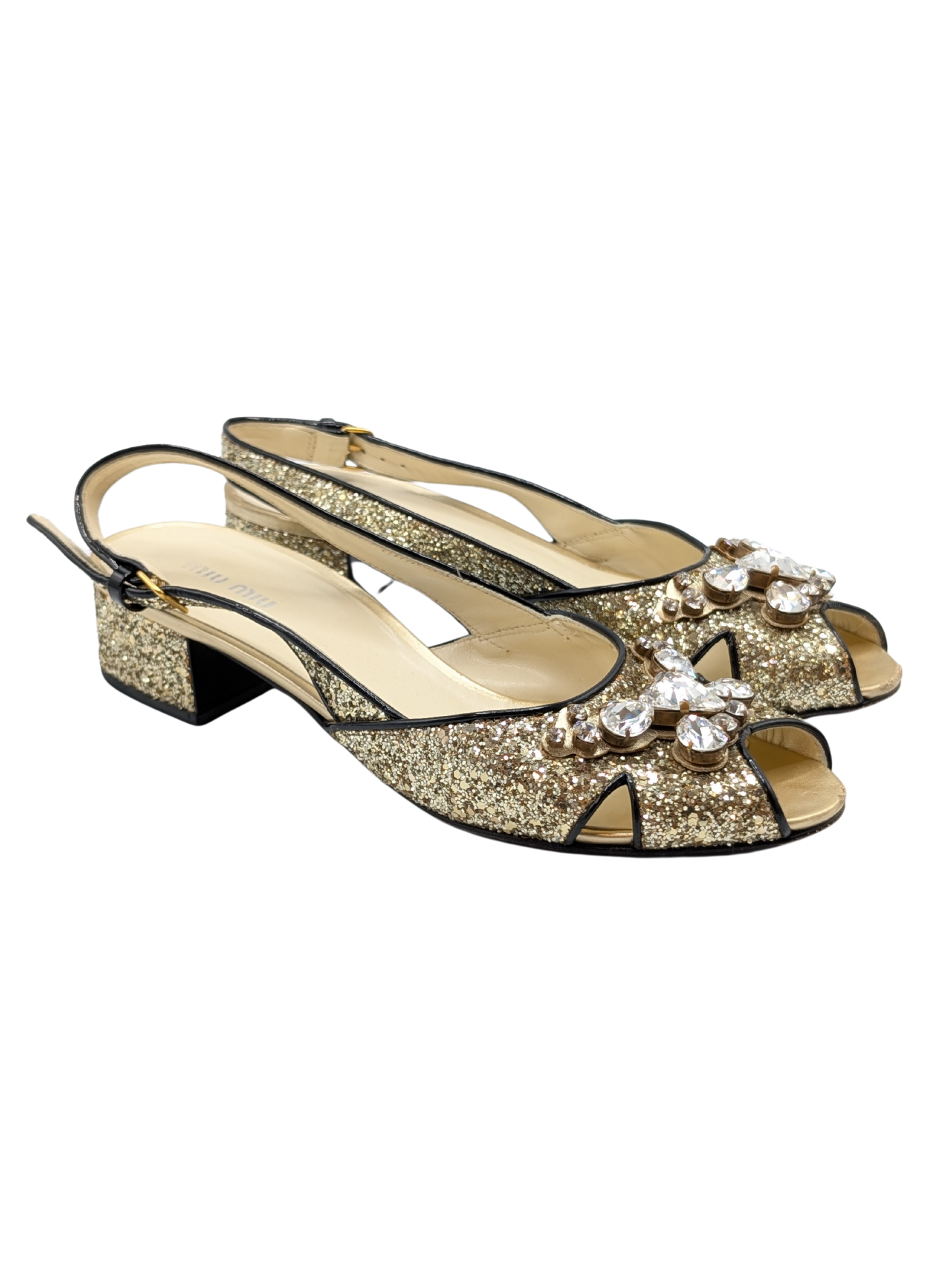 Miu Miu Gold Glitter Crystal Slingback Sandals Size 40