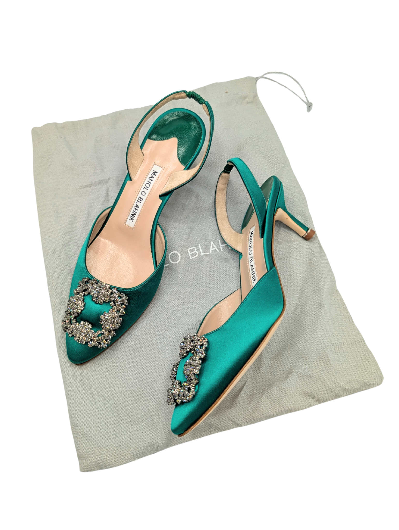 Manolo Blahnik Green Satin Hangisi 50 Slingback Pumps Size 37