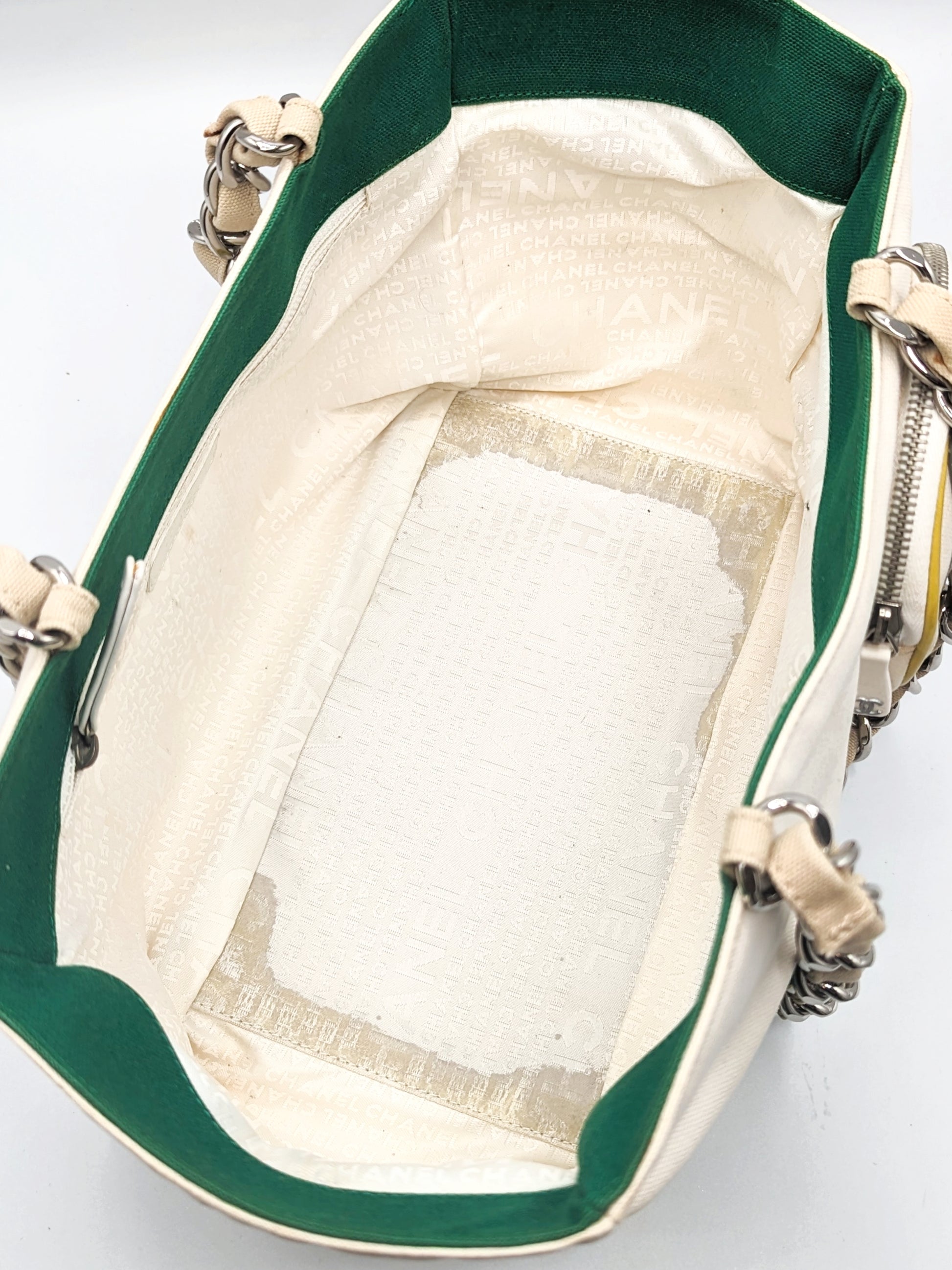 Authentic CHANEL Beige Canvas CC No.5 Chain Shoulder Tote Bag Purse #49183