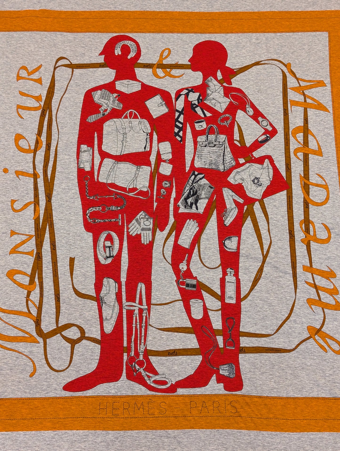 Hermès Monsieur et Madame Gray Orange Jersey Cotton Scarf