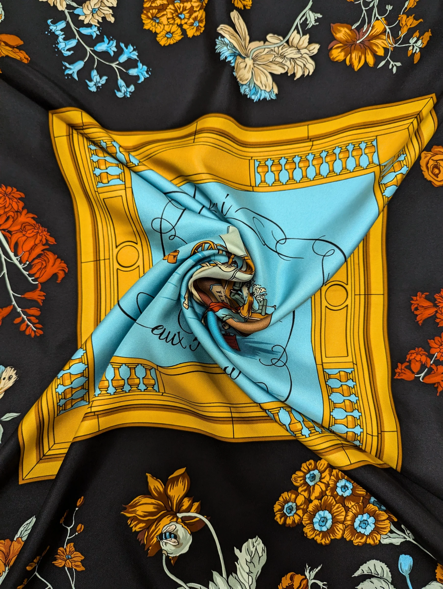 Hermès Black Quai Aux Fleur Silk Scarf 90cm