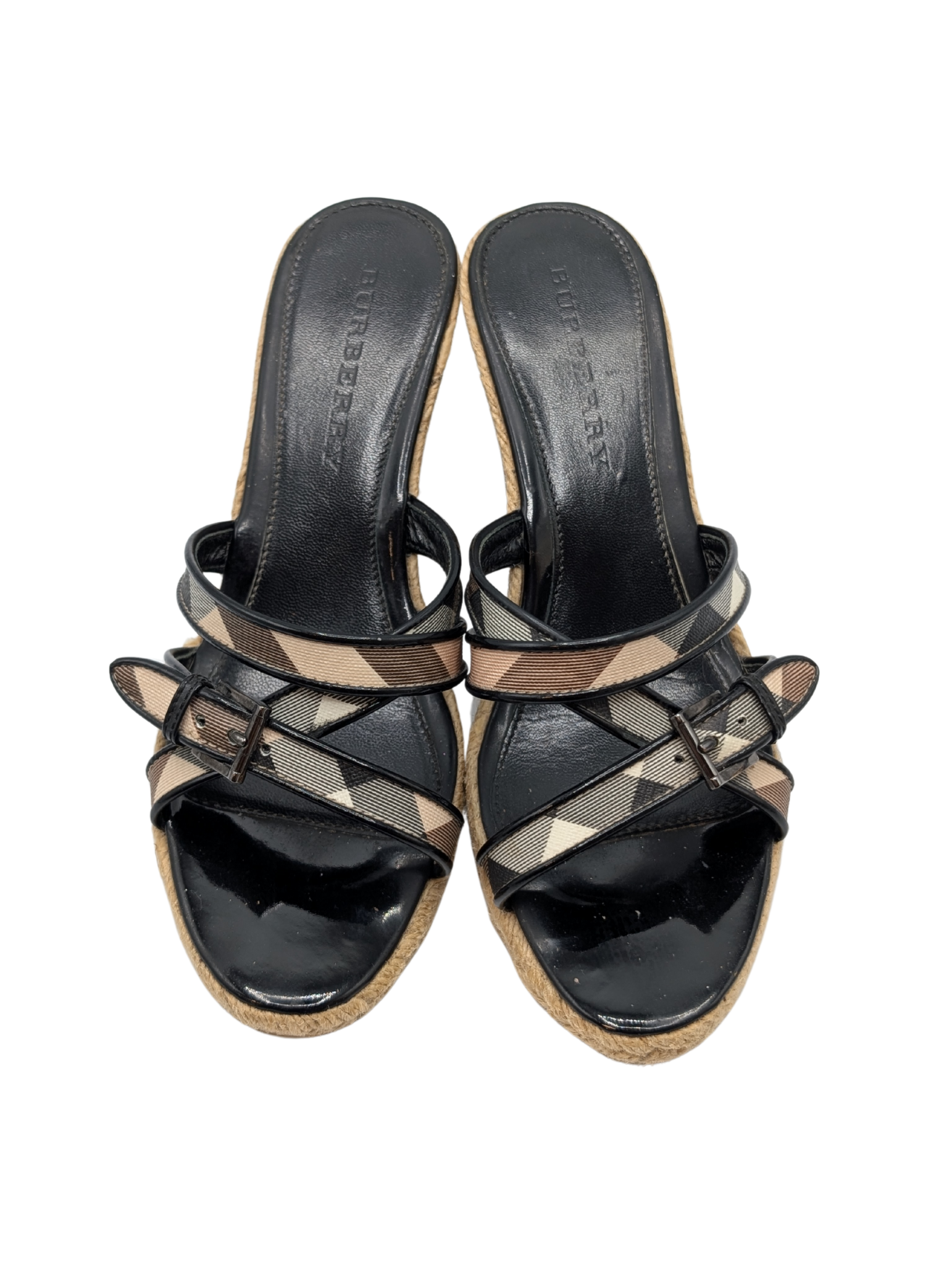 Burberry Check Black Espadrille Wedge Sandals Size 40