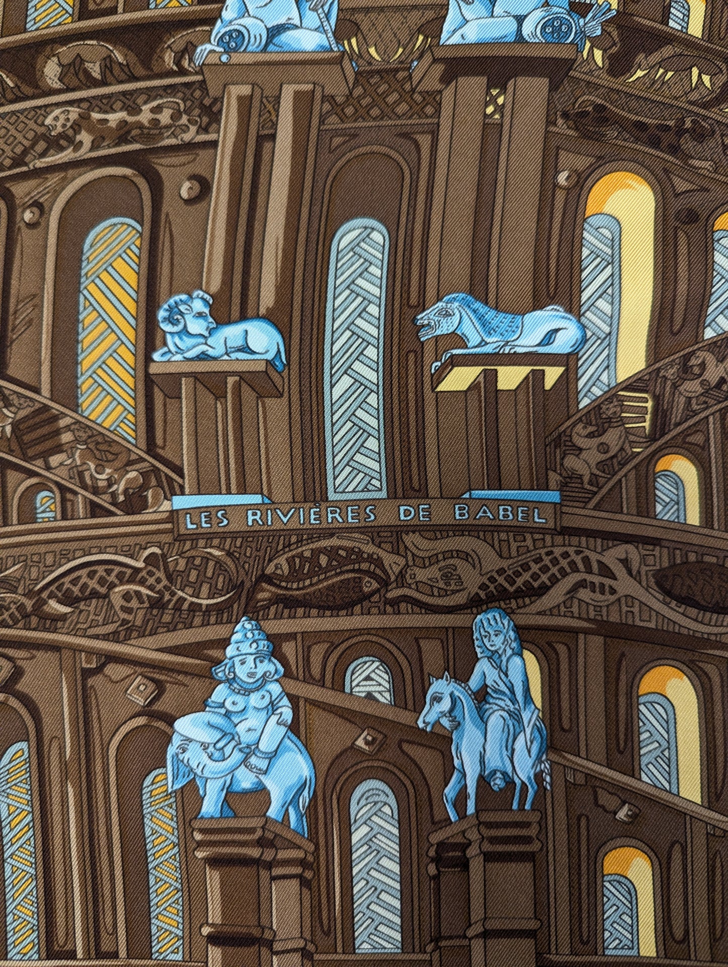 Hermès Les Revieres de Babel Brown Blue Silk Scarf 90cm